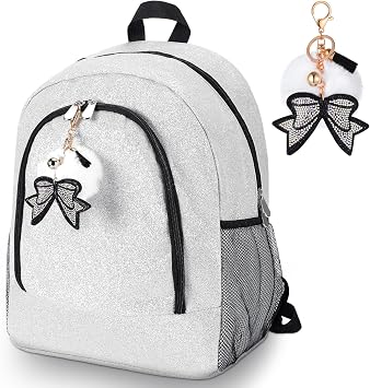 Cheer Backpack with Bow Keychain Cheerleading Glitter/Canvas Backpack Cheerleaders Gift Cheer Bags for SportGlitter,Silver,Large