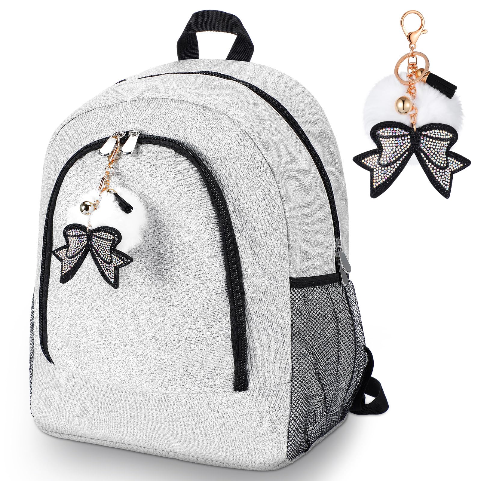 Cheer Backpack Bags with Bow Keychain,Glitter,Silver,Large