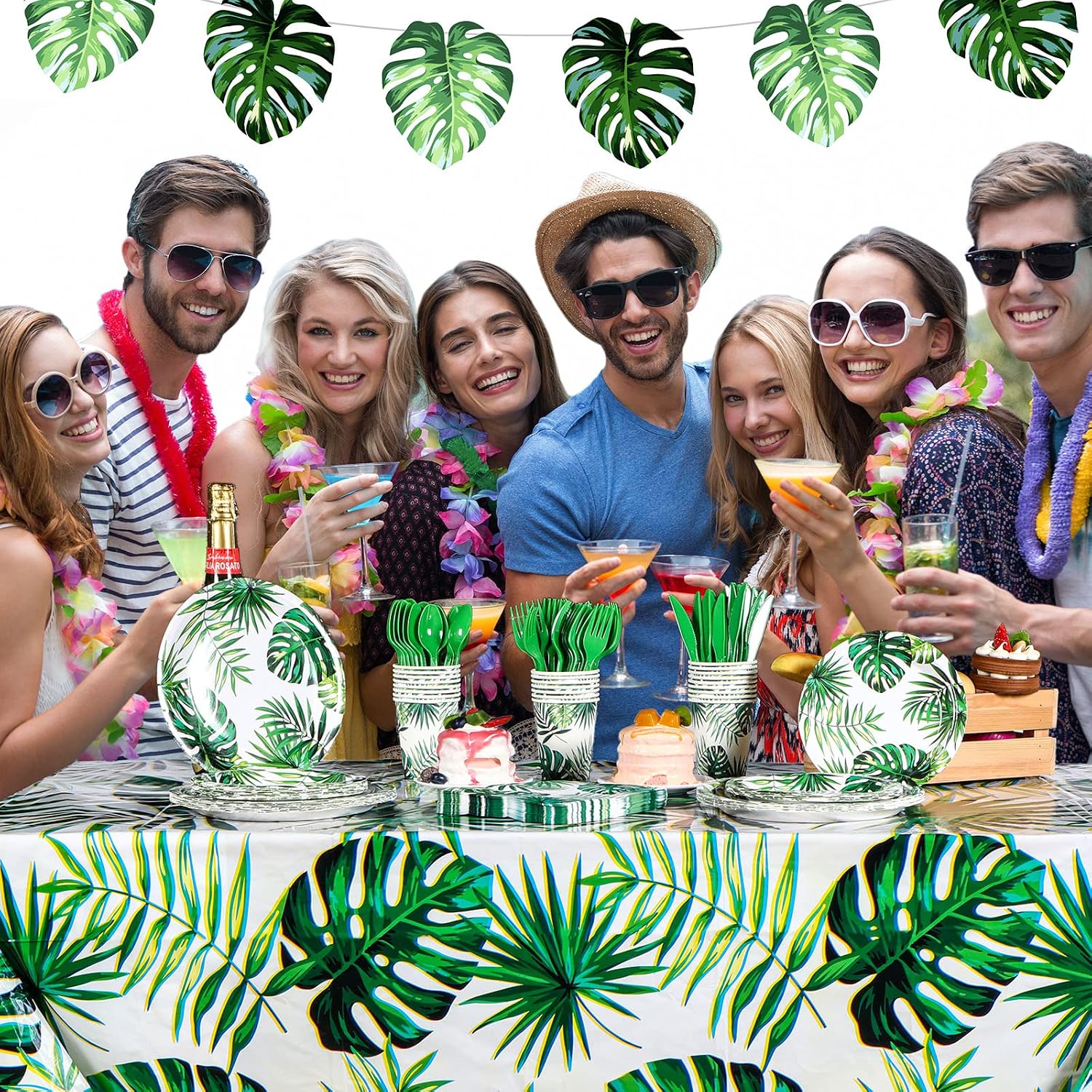 Rtteri 171 Pcs Hawaiian Luau Party Supplies Tropical Palm Leaves Tableware 24 Disposable Dinnerware Set with Plate Napkins Tablecloth for Summer Pool Beach Cocktail Birthday Party