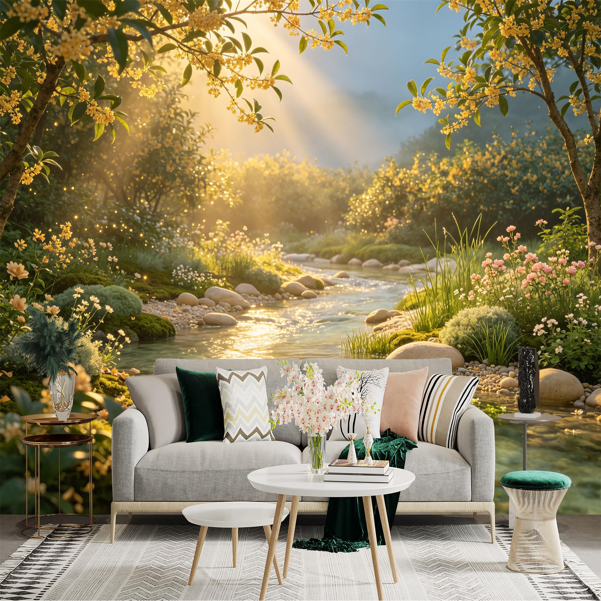 Lnzczhyre Bh260719692 Custom Size Wall Sticker Mural， Sunlit Stream With Blooming Flowers， Lush Mossy Banks And Radiant Sunlight， For Wall Decoration， Peelandstick Wall Decals.