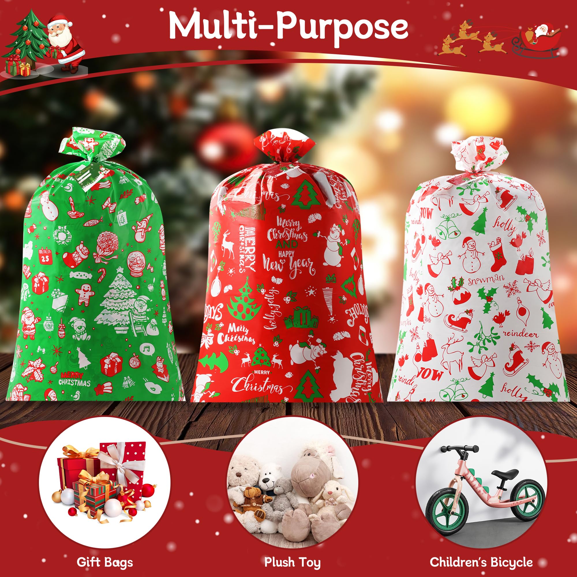 YIGOYIHU 3PCS Extra Large Christmas Gift Bags - 56’’ x 36’’ Jumbo Christmas Gift Bags - Giant Gift Bag for Huge Gifts with Tag & Tie - Heavy Duty Plastic Big Xmas Sack for Holiday Huge Present