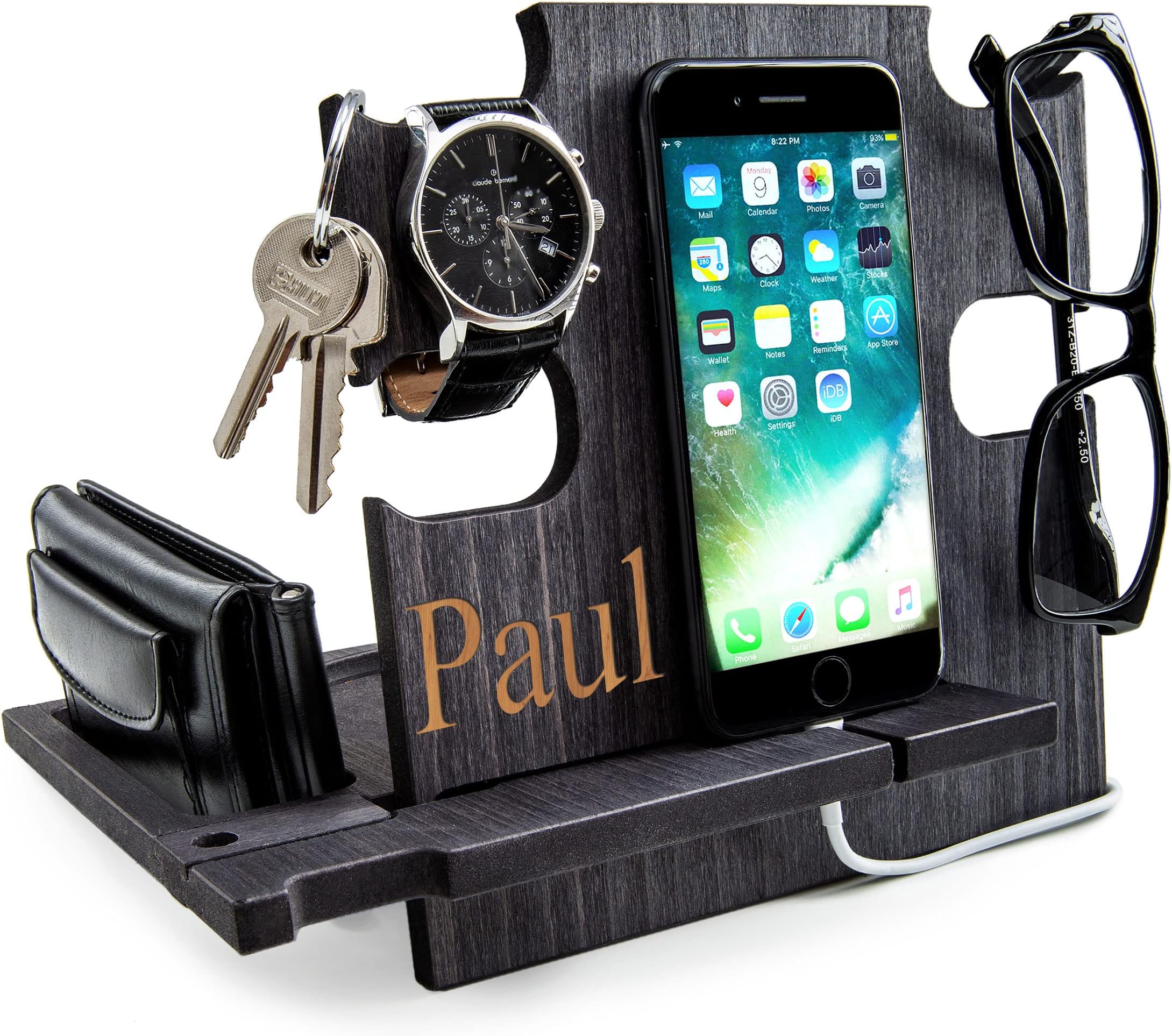 Personalized Docking Station Nightstand Organizer Accessories Essentials Holder Smartphone Support Phone Stand, 5th Traditional Anniversary Gift for Husband Fathers Day Gifts for Men (Ebony)
