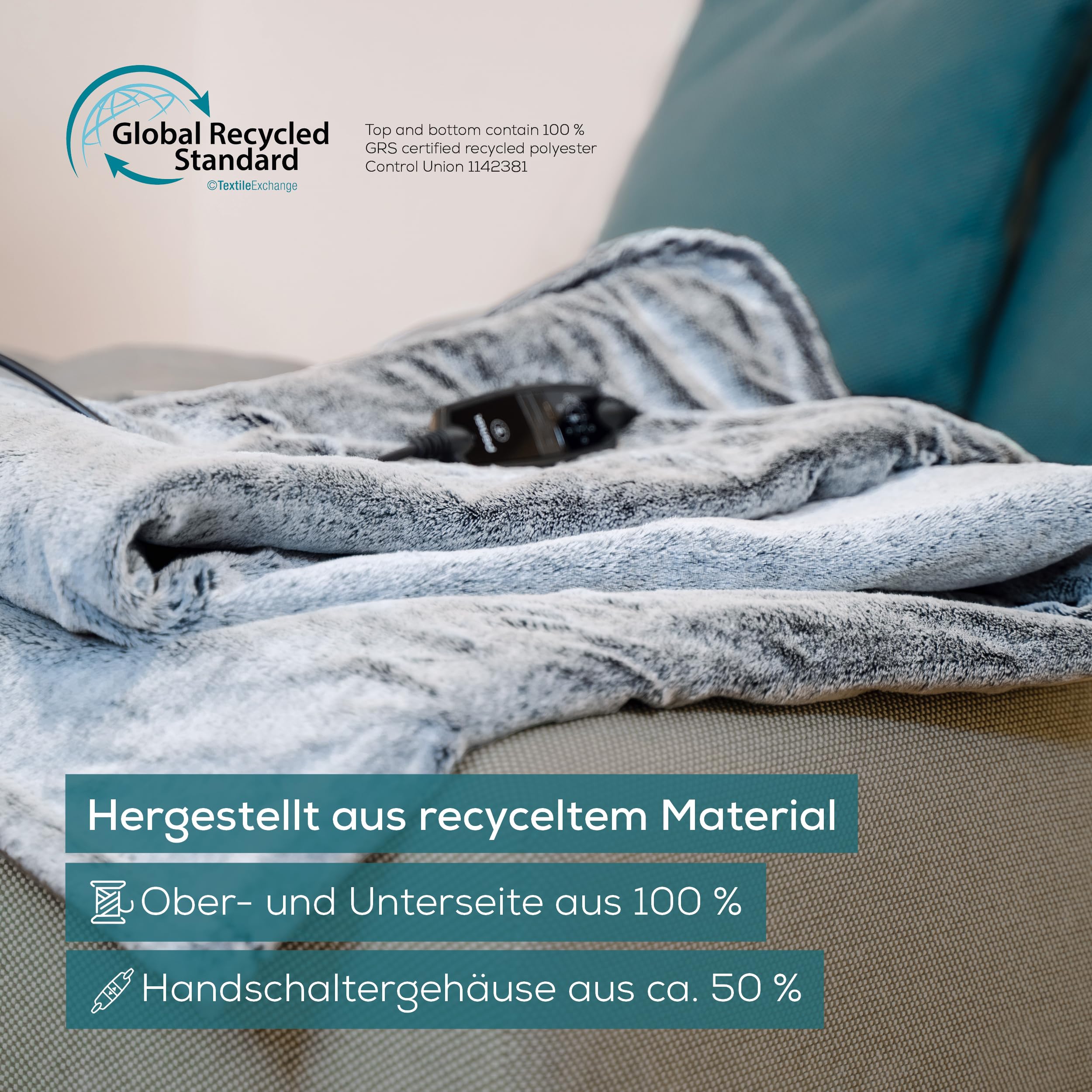 Beurer HD 75 Nordic Grey Heizdecke, Wärmedecke hergestellt aus recyceltem Material, kuschelig weich, 6 Temperaturstufen, maschinenwaschbar, Abschaltautomatik, 180 x 130 cm