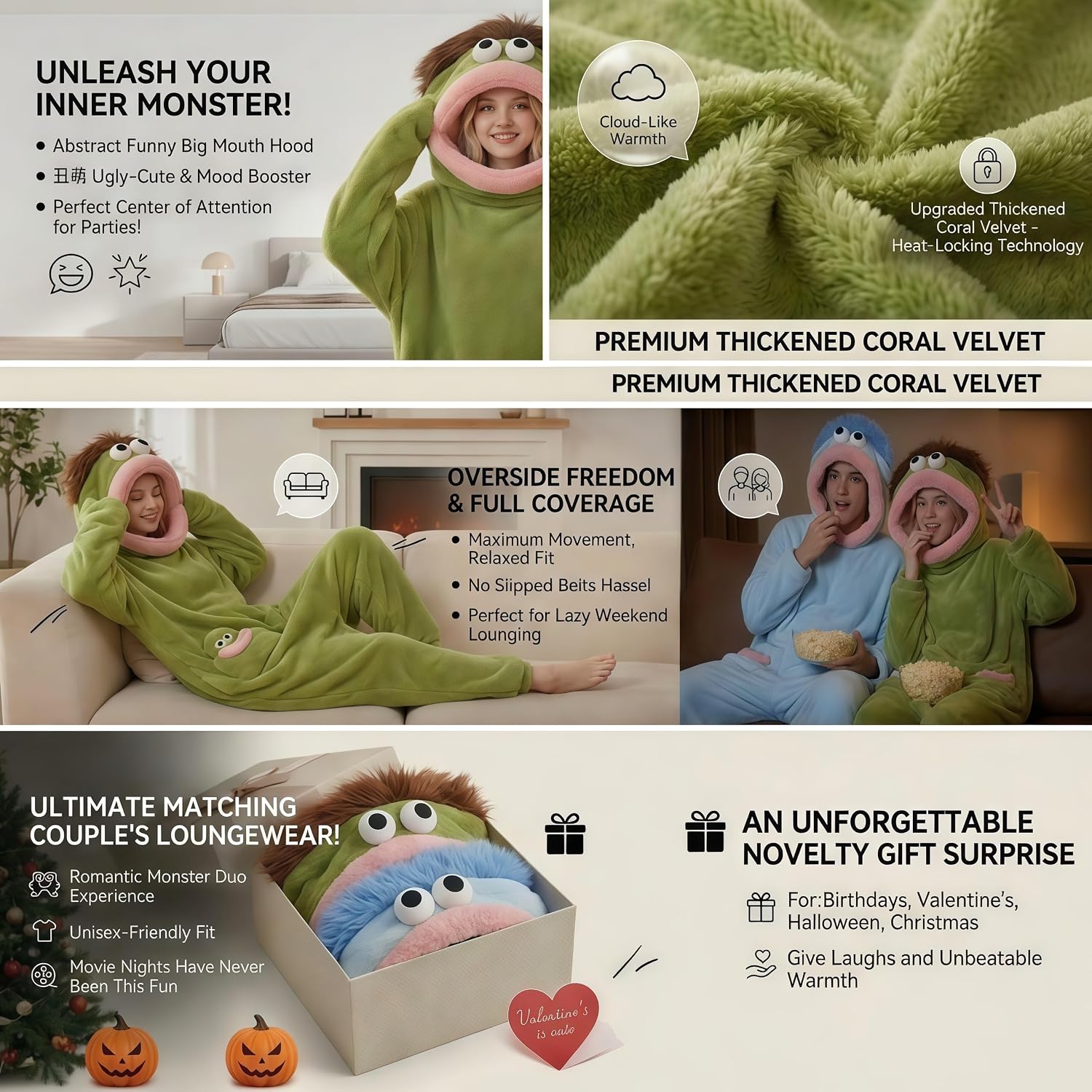 Goofy aldult Onesie Pajamas - Big Mouth Monster Onesie, Coral Fleece Couple Loungewear, Pajama Party & Cozy Gift