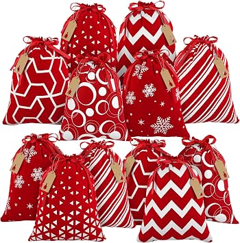 MIMIND Christmas Drawstring Gift Bags - 12 Pieces Red and White Cotton Fabric, 12 x 10 Inch Party Favor Bags for Christmas Supplies, 6 Designs