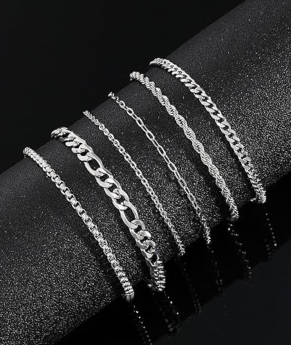 Miniatura 6 de Honsny 6 pulseras de acero inoxidable para mujeres y hombres, chapado en oro de 14 quilates, cadena de clip de eslabones cubanos delicados