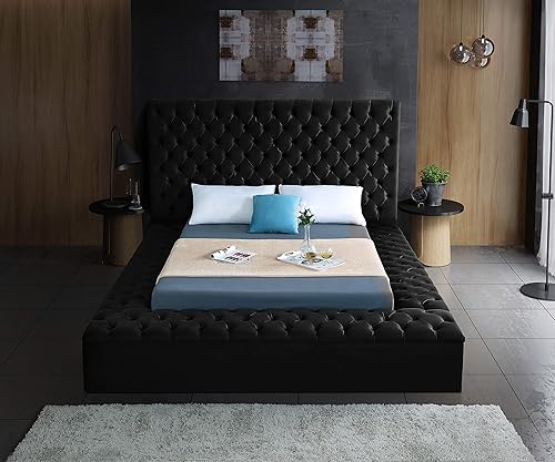 Miniatura 9 de Colección moderna Meridian Furniture Bliss, cama tapizada de terciopelo contemporánea con acolchonamiento de botón profundo y compartimentos de