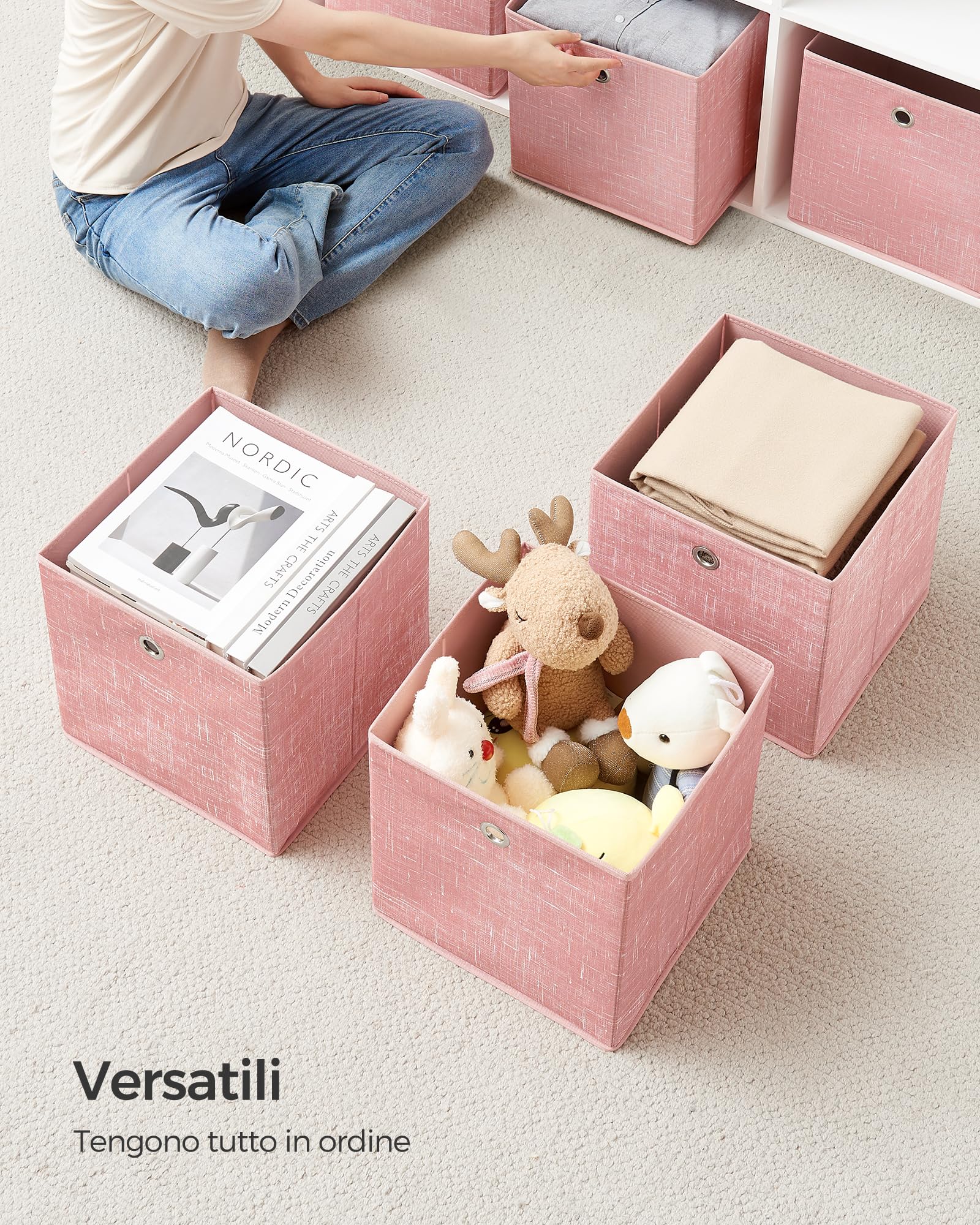 Set Di 6 Cubi Portaoggetti Pieghevoli In Tessuto Multicolore, 28x28x28 Cm, Con Manici, Per Giocattoli, Libri E Vestiti - 5