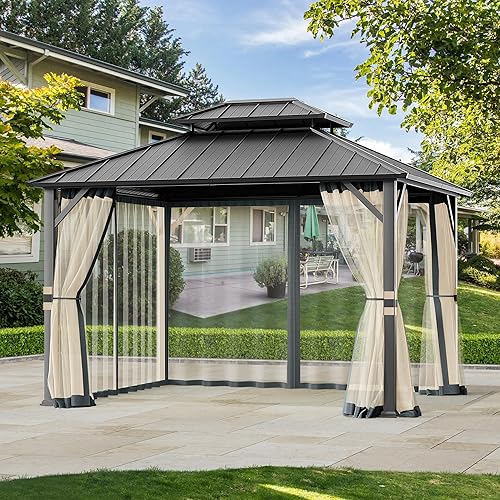 Universal Gazebo Mosquito Netting Replacement - 10' x 12' 4-Panel Screen Walls with Double Zipper for Outdoor Patio Canopy Garden Gazebos, Slate Gray and Beige