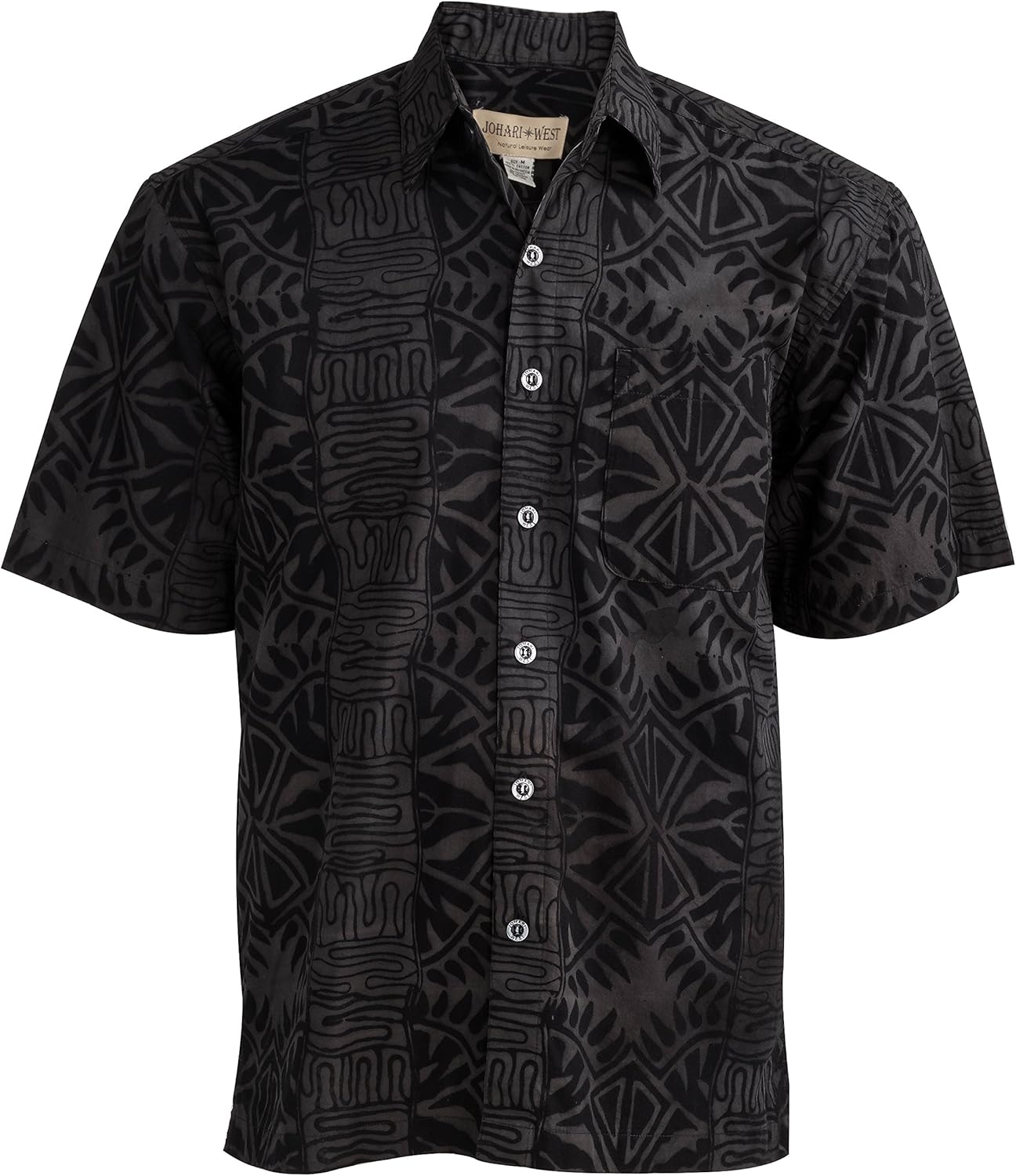 Johari West Hawaiian Short Sleeve Cotton Button-Down Batik Shirt for Men (Geometric Forest)