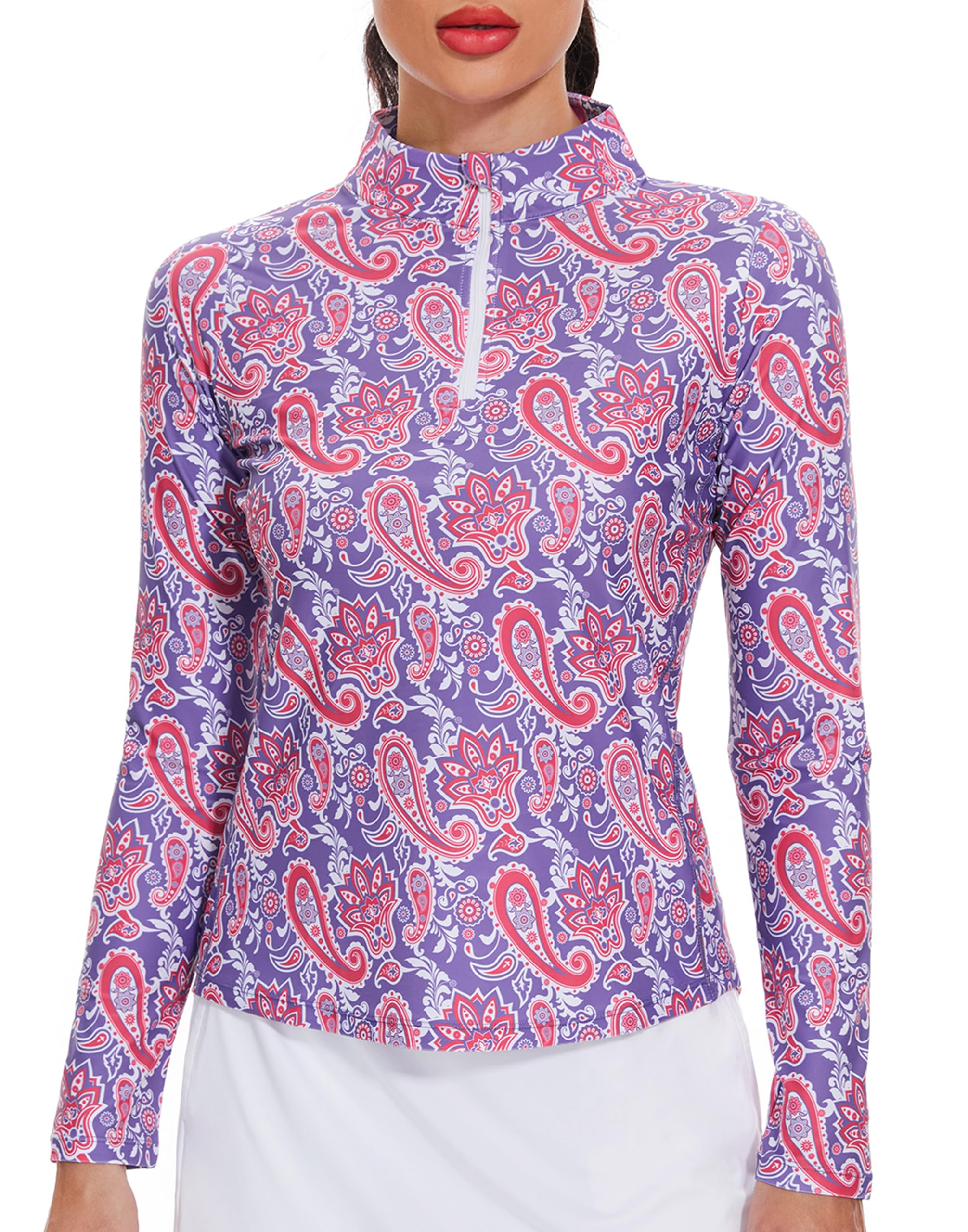 M MOTEEPI Womens Golf Shirt Long Sleeve Athletic Quarter Zip Pullover Sun Protection with Pocket