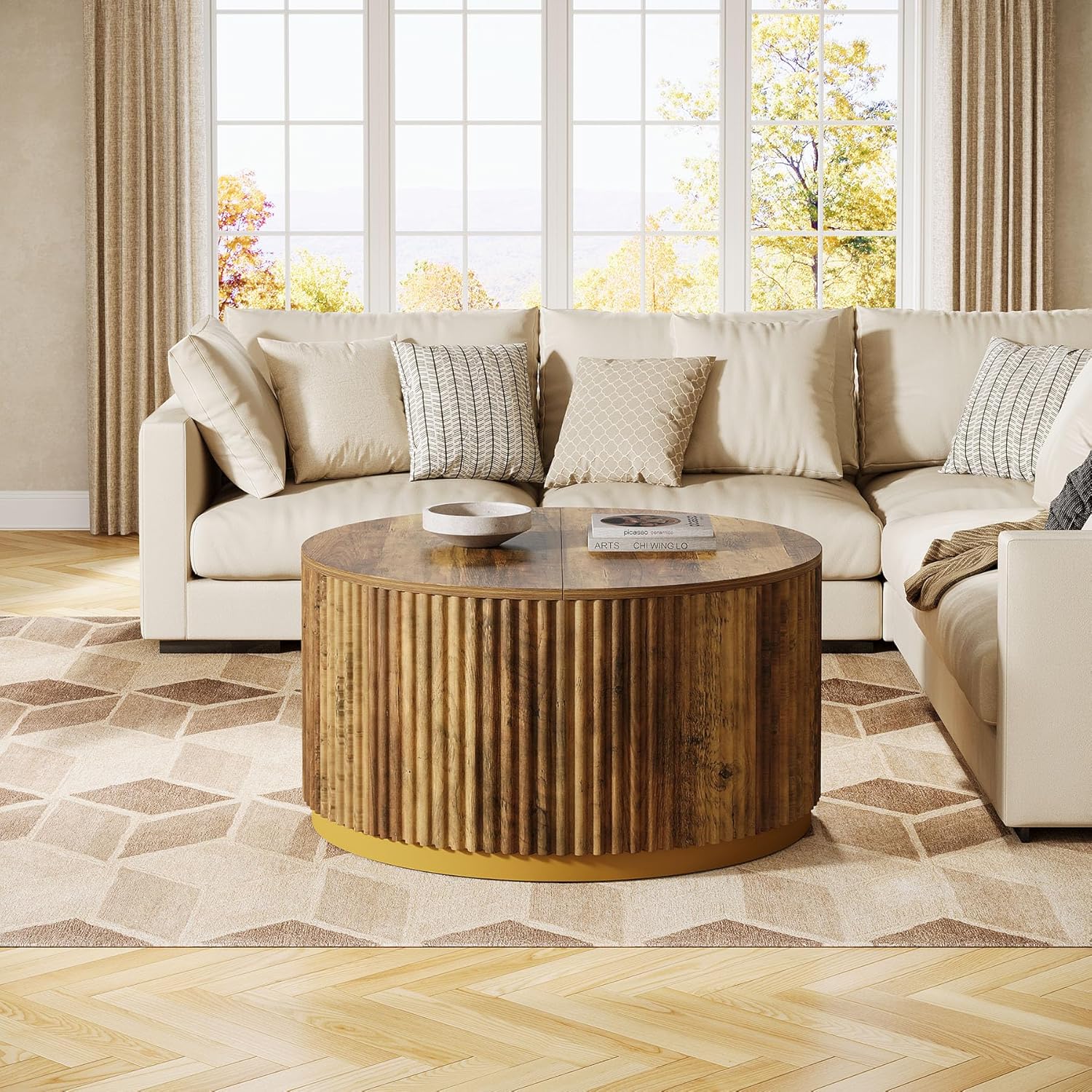 Tribesigns 31.5" Round Coffee Table, Fluted Wooden Center Table with Sturdy Drum Base, Mid Century Modern Furniture for Living Room, Small Space or Office, Rustic Brown