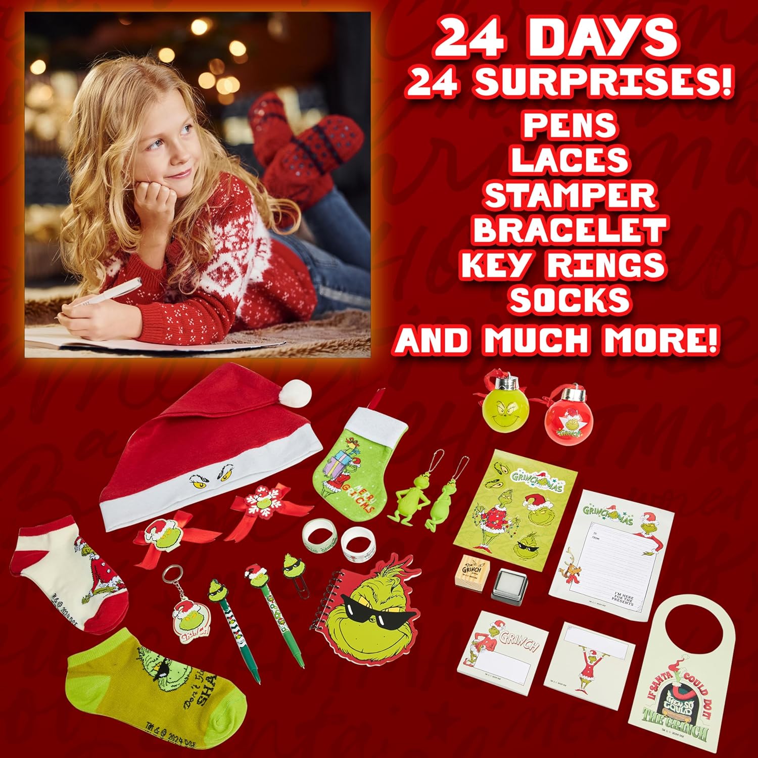 The Grinch Advent Calendar 2025 For Women, Teens, 24 Christmas Countdown Calendar Decorations Santa Hat Socks Key Ring Xmas Decor Gifts for Women