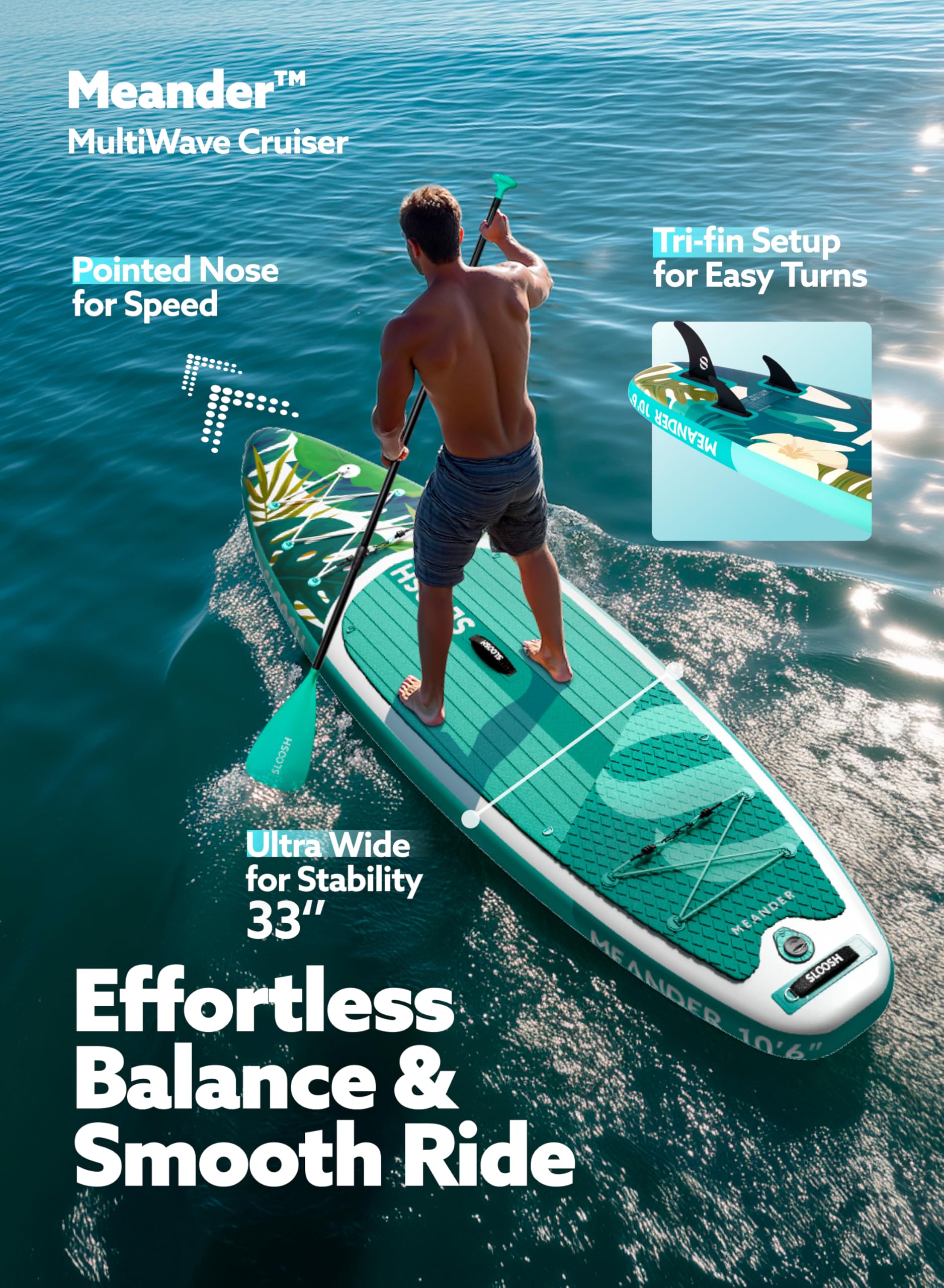 SLOOSH Aufblasbares Stand-Up-Paddle-Board,10'6" Paddleboard mit Premium-Zubehör,rutschfestes Eva-Deck,ultraleichte Tragetasche und Pumpe,Meander SUP für Jugendliche & Erwachsene