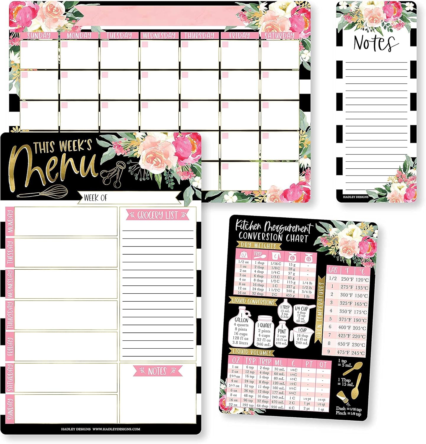 Black Floral Magnetic Dry Erase Calendar for Fridge and Magnetic Meal Planner for Refrigerator Set, Weekly Whiteboard Calendar, Monthly Calendar Dry Erase Board and Meal Planning Magnet for Fridge : Office Products