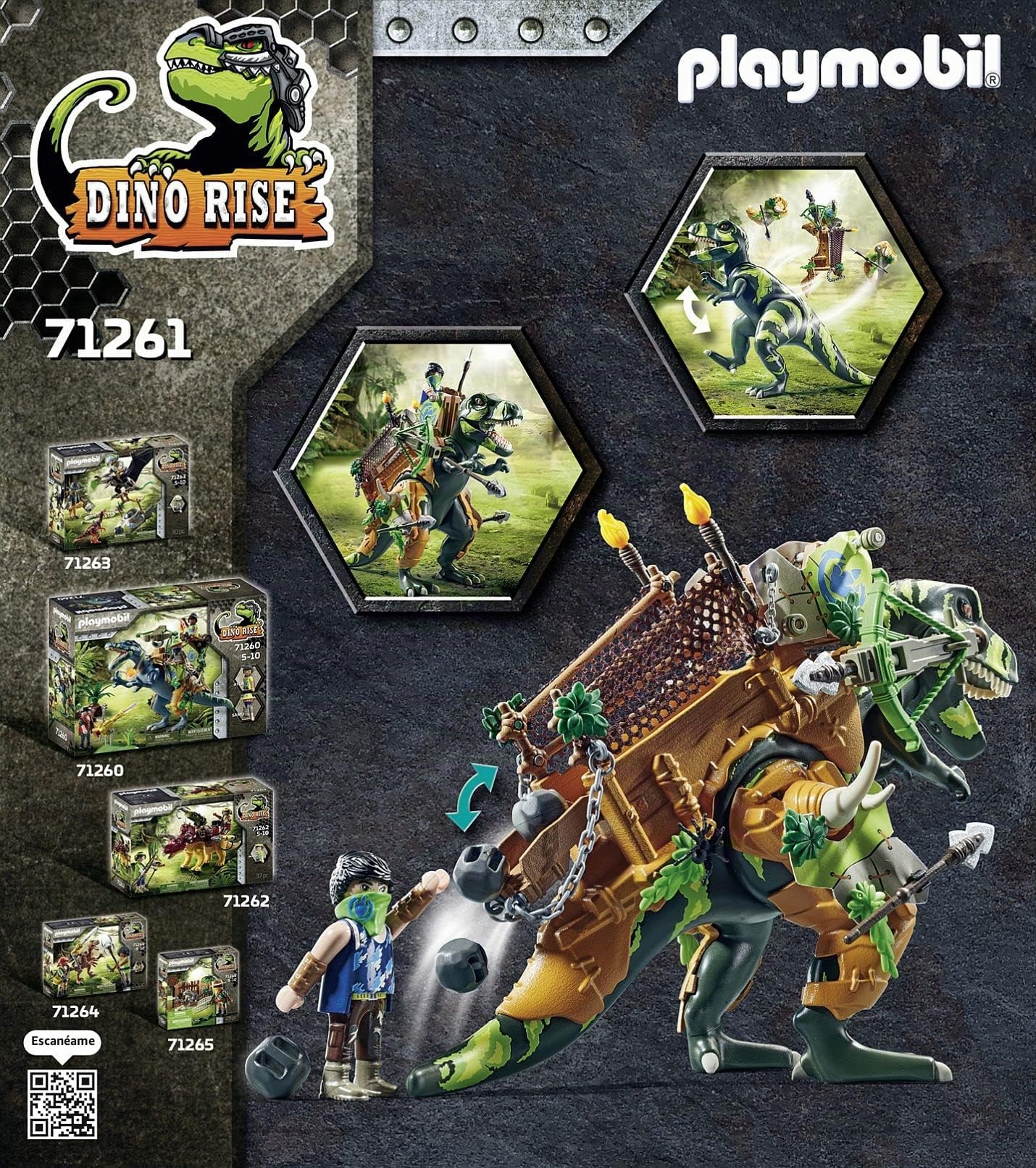 PLAYMOBIL Dino Rise 71261 T Rex, Dinosaurio Tiene una Armadura Desmontable con Dispositivo Lanza Piedras, Juguete para niños a Partir de 5 años