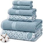 Ensemble de serviettes Modern Threads Trefoil Filigree 6 pièces 100 % coton – Jacquard teint en fil réversible – Comprend 2 serviettes de bain, 2 serviettes à main, 2 gants de toilette – Absorbantes, à séchage rapide, douces et durables – Bleu ciel