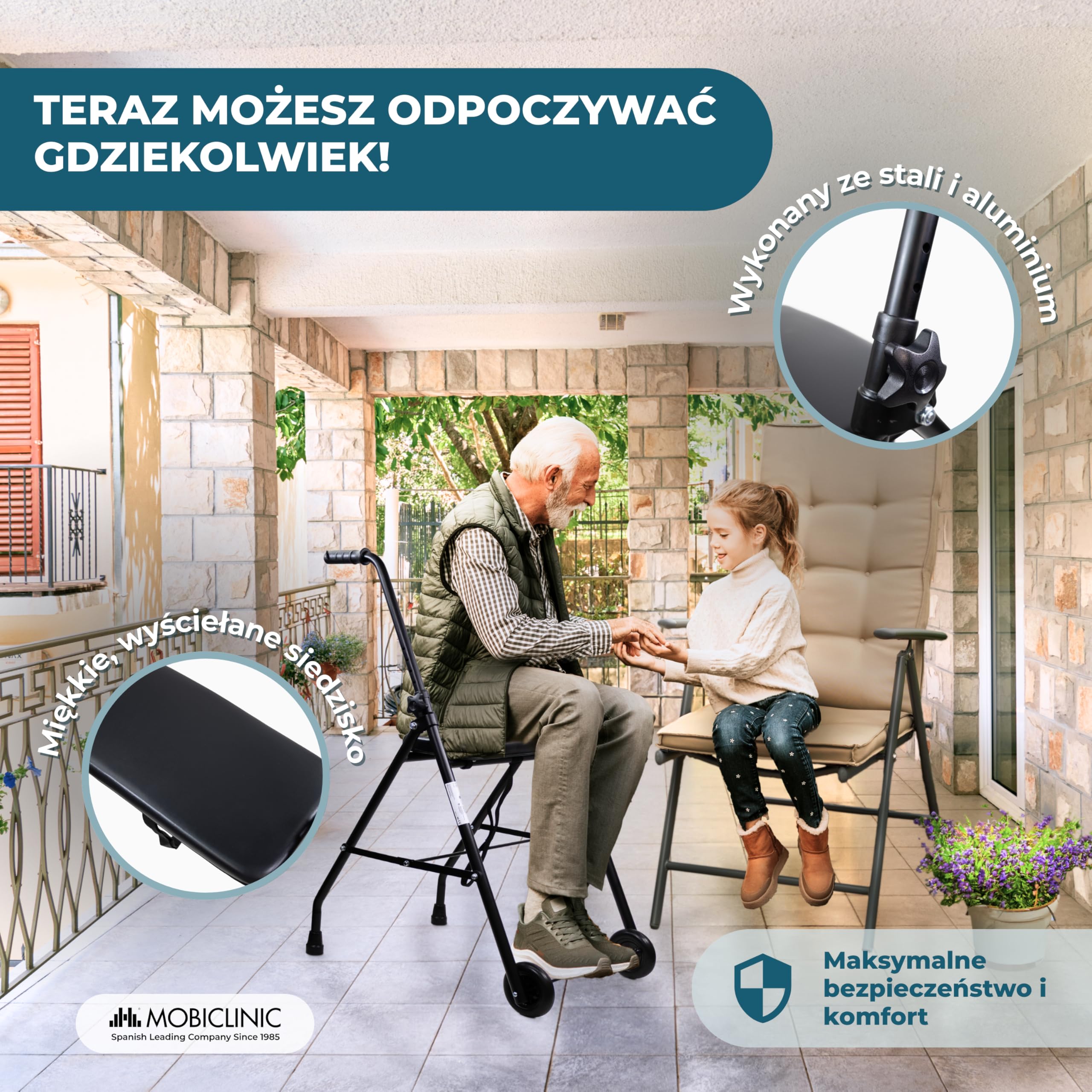 Mobiclinic®, Składany Chodzik, Regulowany, Ergonomiczne Uchwyty, Antypoślizgowe Końcówki, z Siedziskiem i 2 Kółkami, Lekki, Wytrzymały, Stalowy, Emérita, Czarny