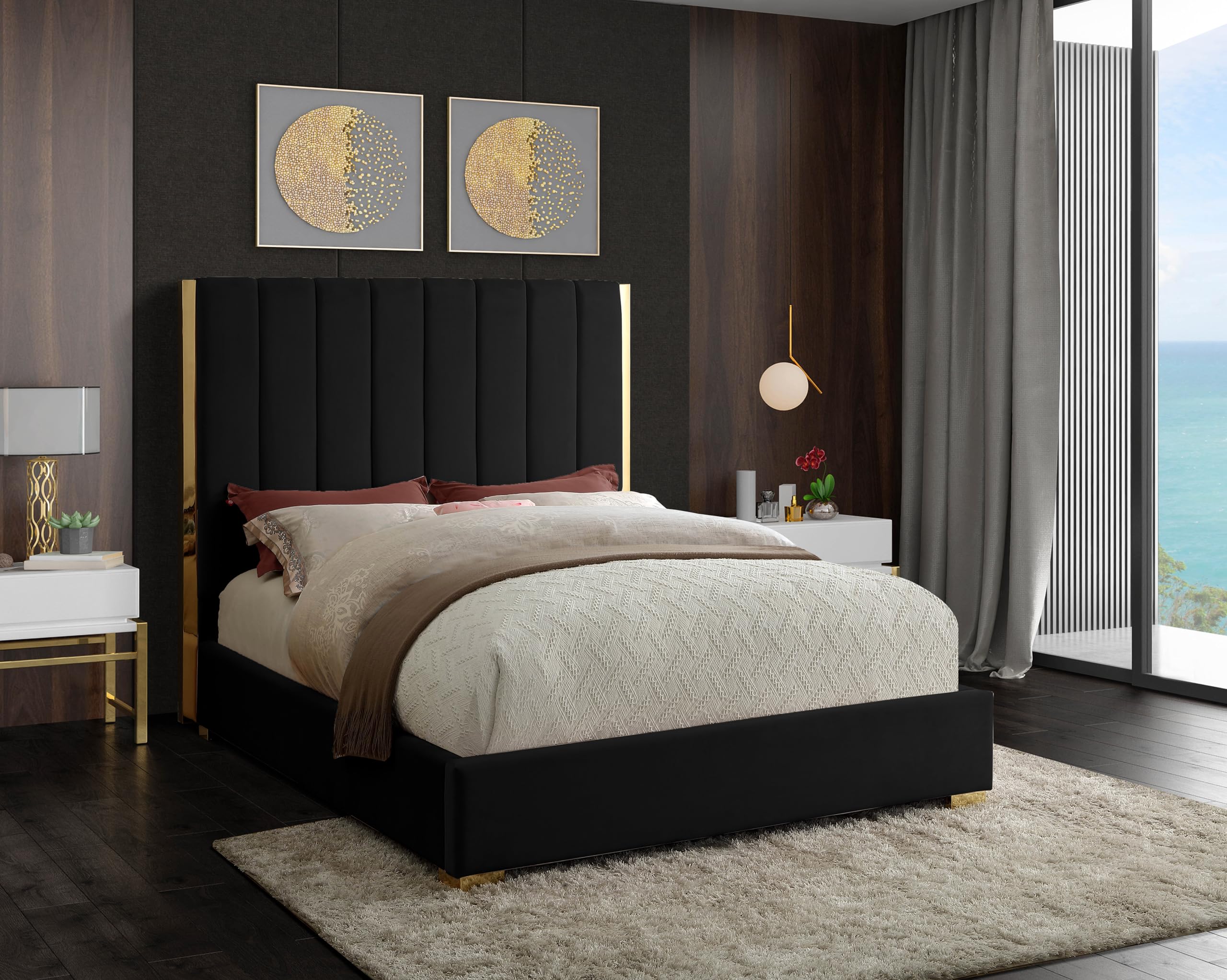 Meridian Furniture Becca Collection Modern | Contemporary Velvet Upholstered Bed with Deep Channel Tufting and Polished Gold Metal Frame, Black, King