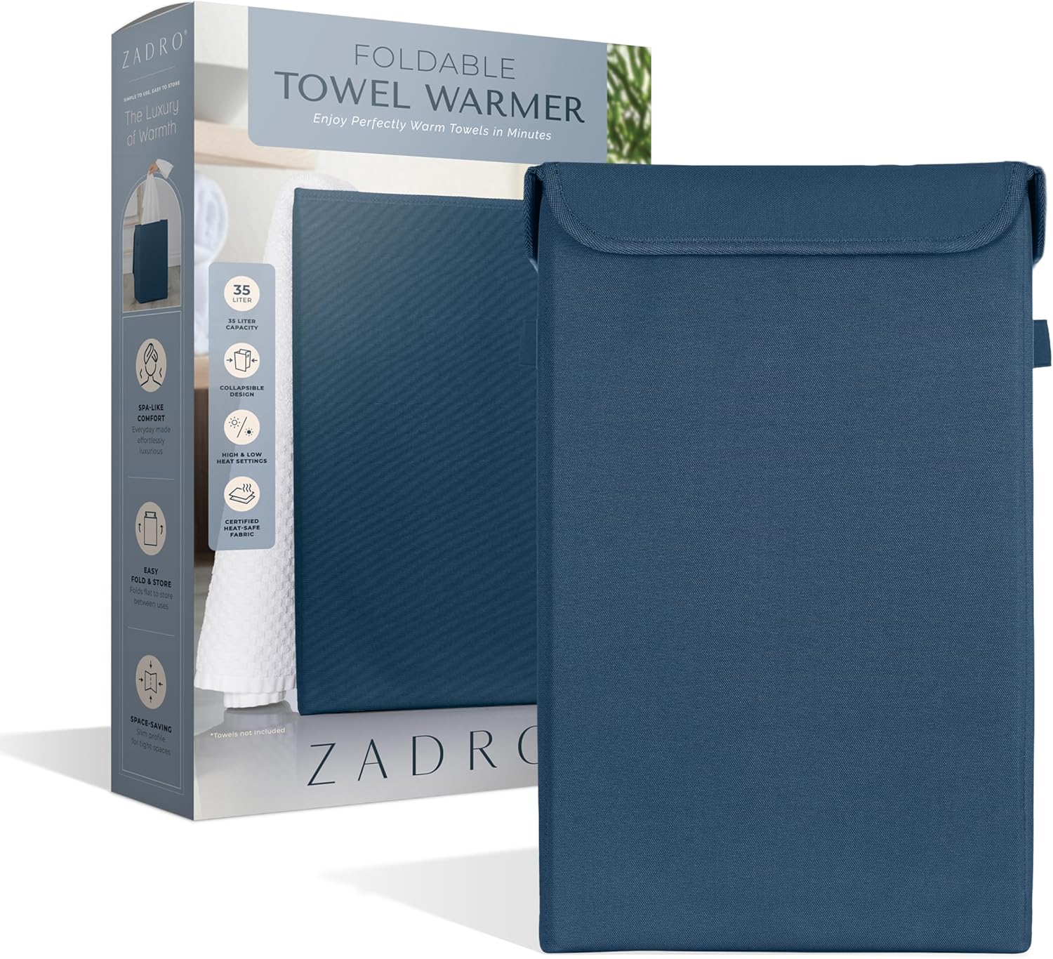 Zadro Foldable Towel Warmer, Folding Heat-Resistant Fabric, XLarge 35 Liter Capacity, Dual Even-Surround Heat Modes, Collapsible Space-Saving Design (Navy Blue, 35L - 19.5"x12"x12")