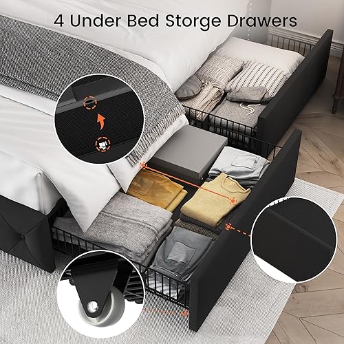 Miniatura 14 de LARMACE - Marco de cama tamaño King con 4 cajones de almacenamiento y cabecera tapizada con botones, cama de plataforma tapizada en lino con