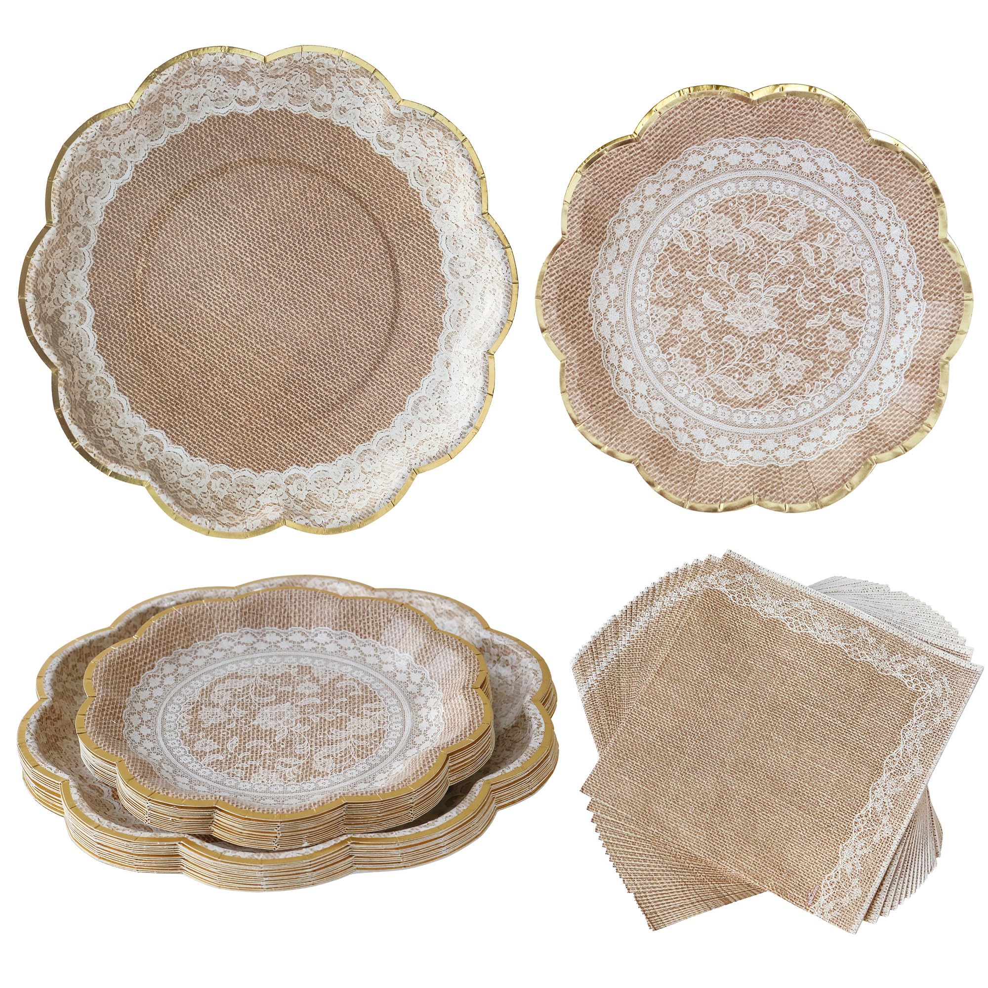 Kate Aspen Burlap & Lace Party Decorations - 62 Piece Rustic Bridal Shower and Wedding Tableware Set for 16 Guests - Disposable Floral Paper Plates