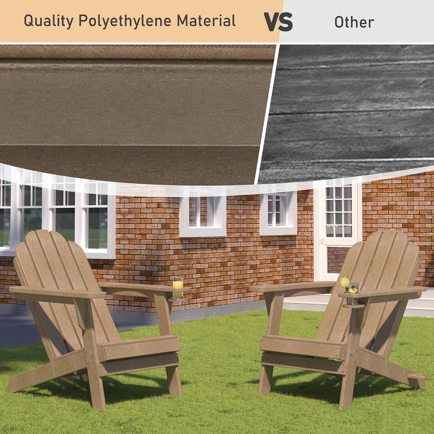 MONDAWE Adirondack Chair Weather Resistant,Plastic Patio Chairs with Cup Holder & Umbrella Hole,Wood Texture Fire Pit Chair w/ 300lb Weight Capacity,Gray Brown
