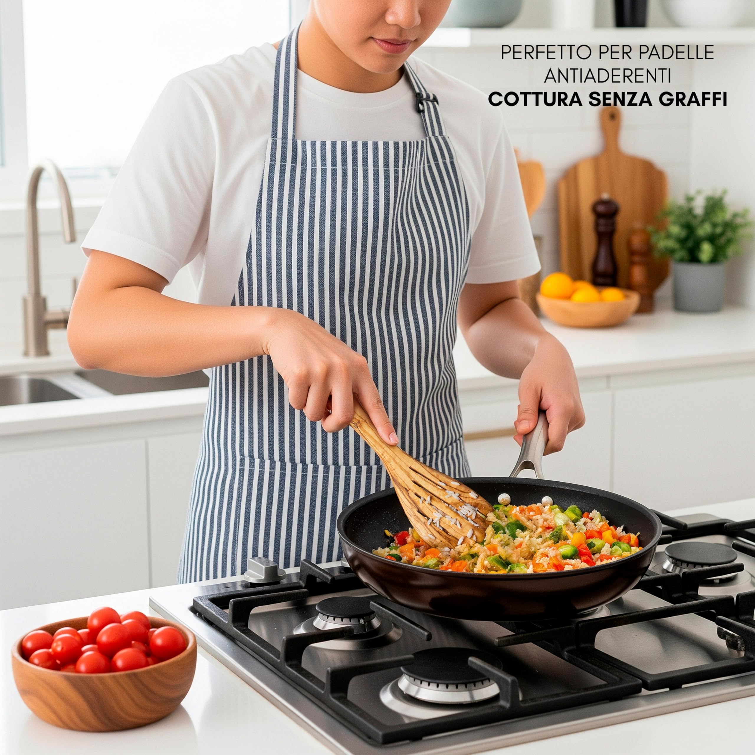Erreke Set Utensili Cucina Legno, Realizzati a Mano in Ulivo Mediterraneo, Set Mestoli Cucina Legno, Cucchiaio, Spatola, Mensolo, Resistenti al Calore e Durevoli, 4 Pezzi