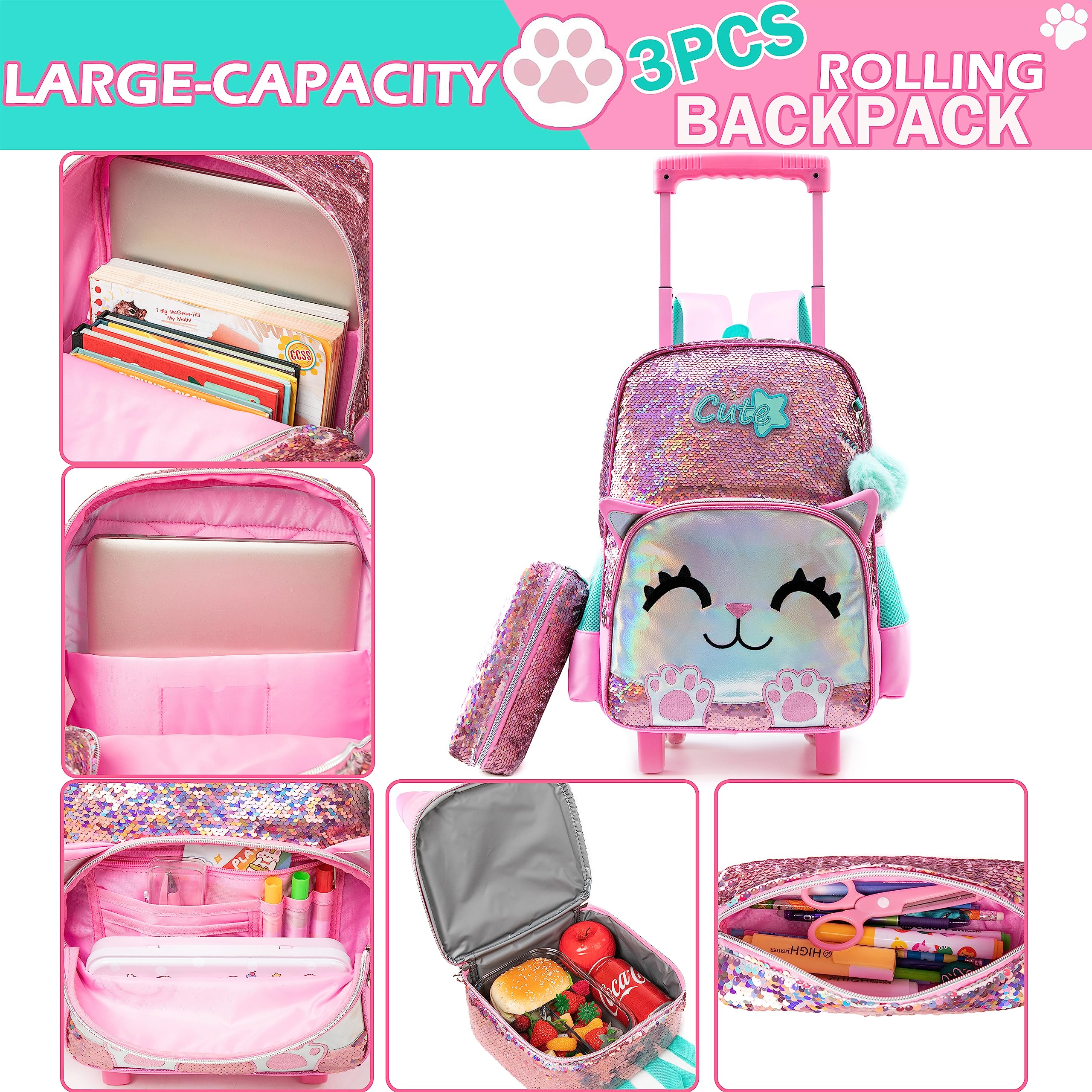 Meetbelify Zaino mobile per ragazze zaino della scuola di gatto rosa carino con le ruote bambini Sequin rullo bagagli per gli studenti della scuola elementare pranzo per ragazze