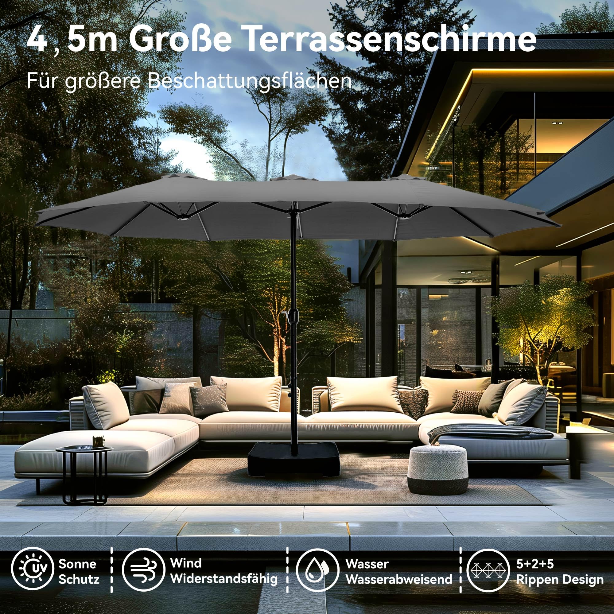 PHI VILLA Sonnenschirm Rechteckig mit Ständer Groß 270x450cm für Garten Terrasse Gartenschirm mit Kurbel UV Schutz Parasol Windfest