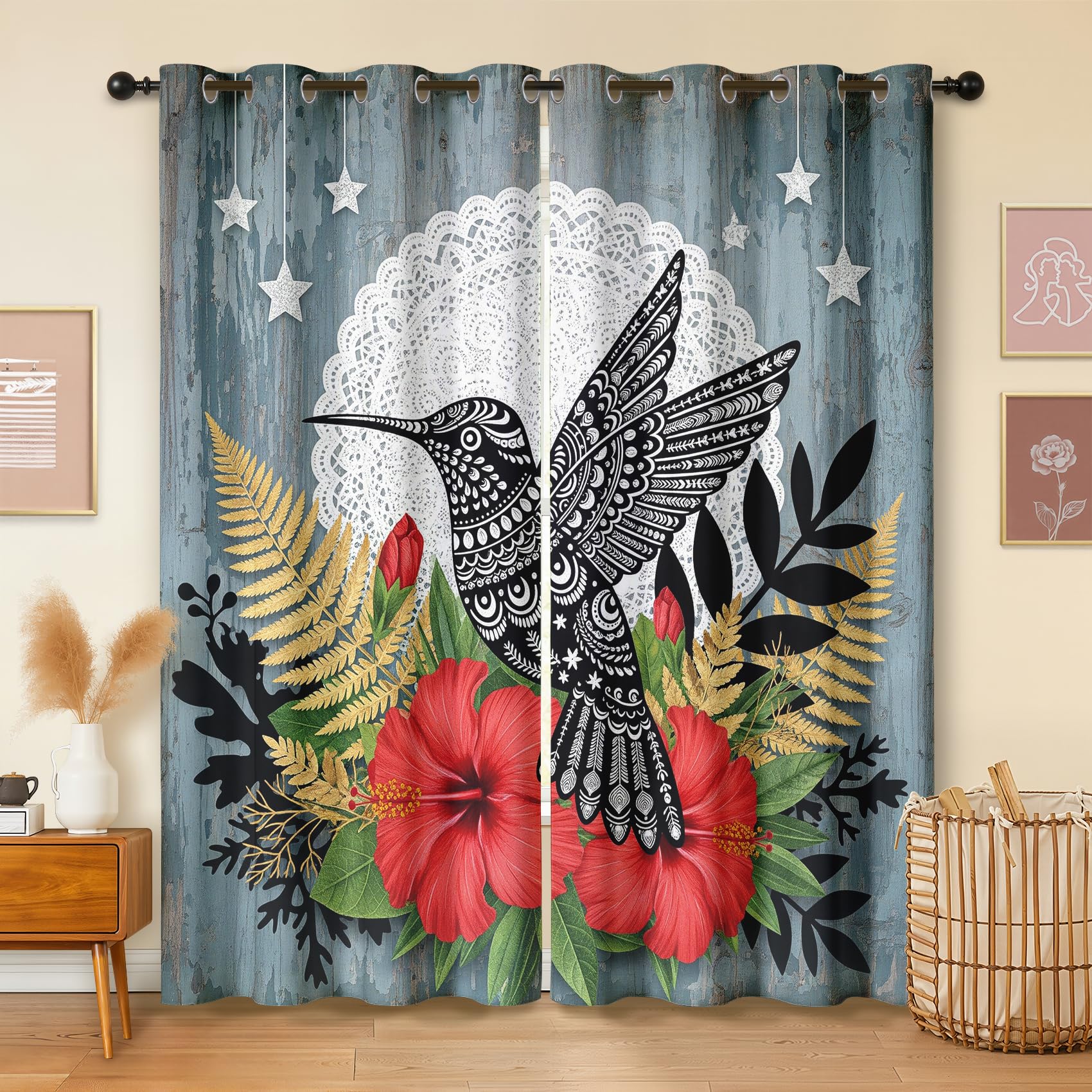 Havenix Hummingbird Floral Blackout Curtains for Bedroom Living Room, Flower Bird Patterned Curtains 90x108, Thermal Insulated Eyelet Drapes for Windows, 2 Panels