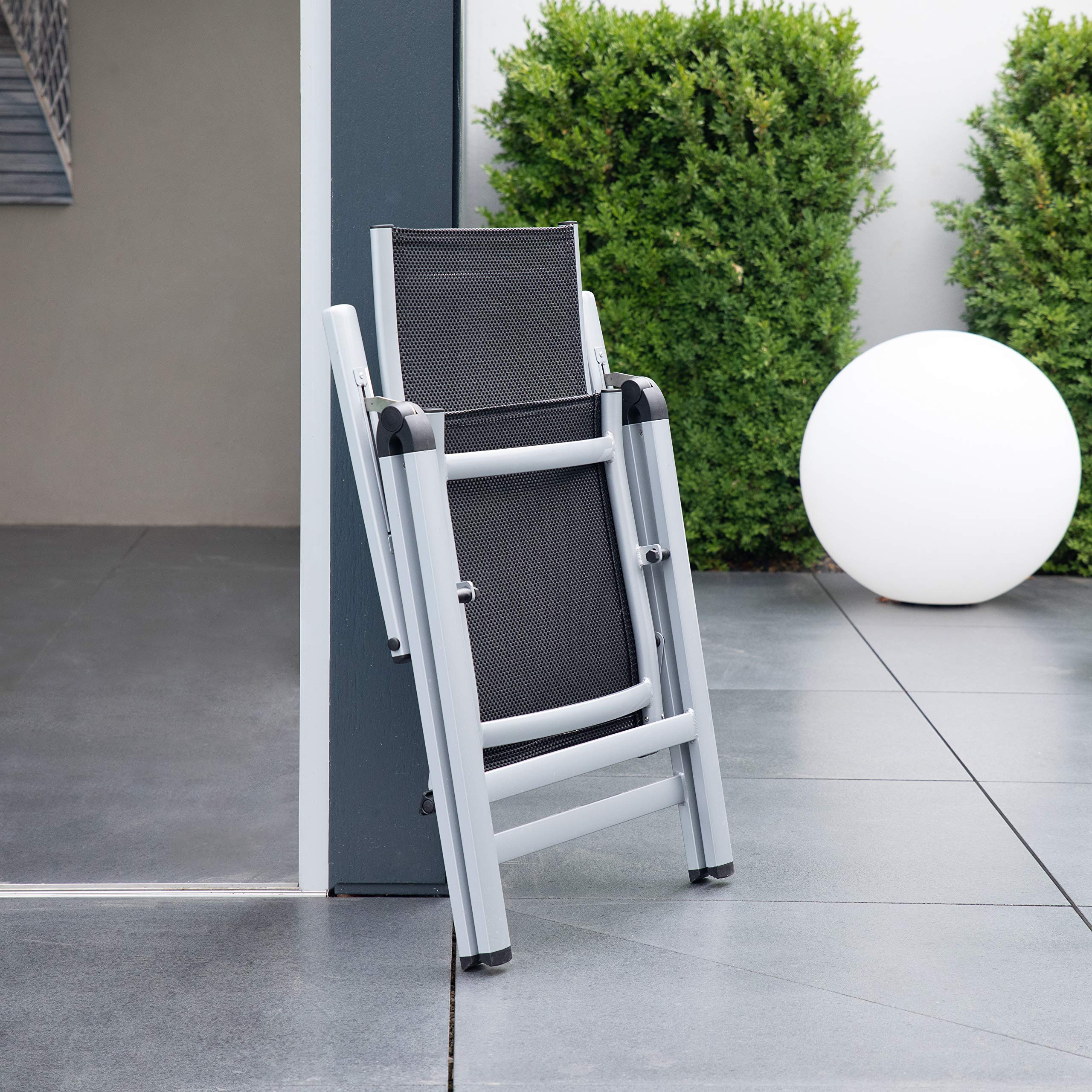 greemotion Silla de Jardín Plegable Monza, Silla Abatible de Aluminio y Textilene, Sillón de Balcón Respaldo Reclinable con 8 Posiciones, Plateado/Negro