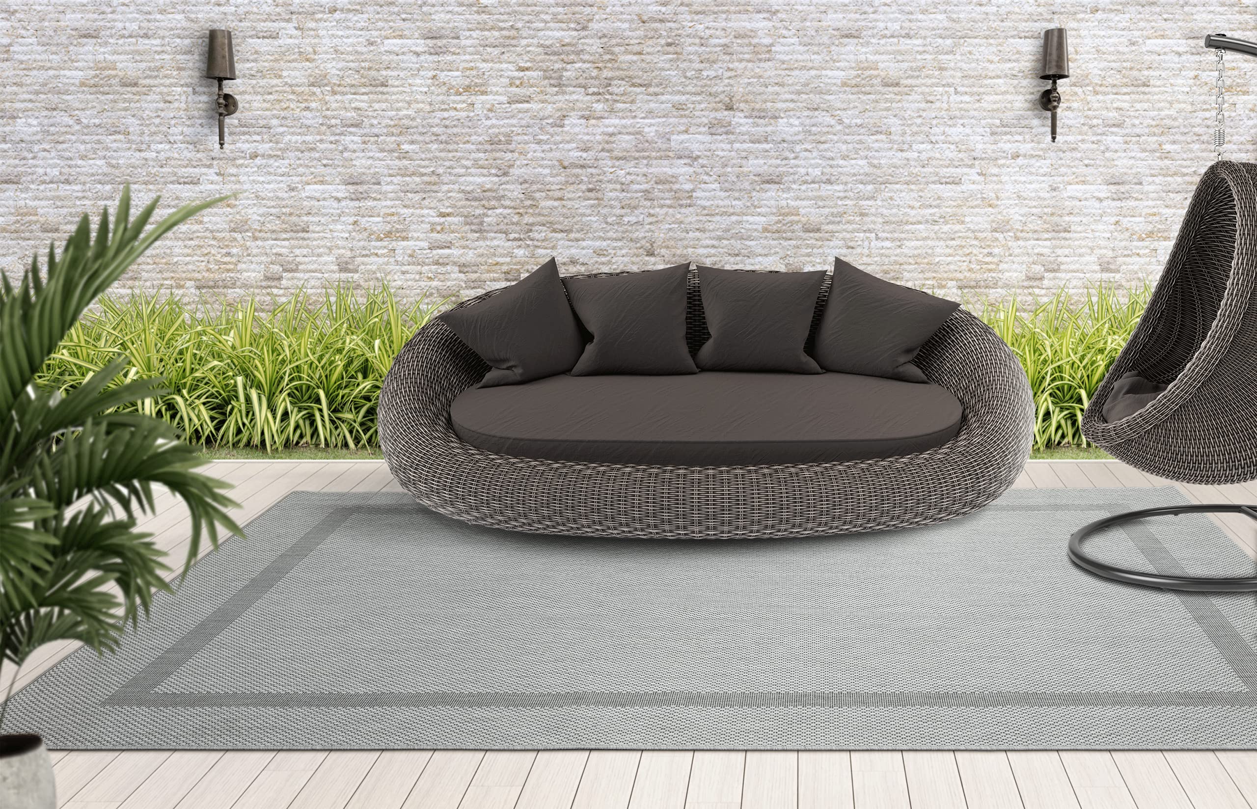 Mia's Teppiche Lara Flat Weave UV and Weather-Resistant Indoor & Outdoor Rug, 80 cm Length x 200 cm Width, Grey Border