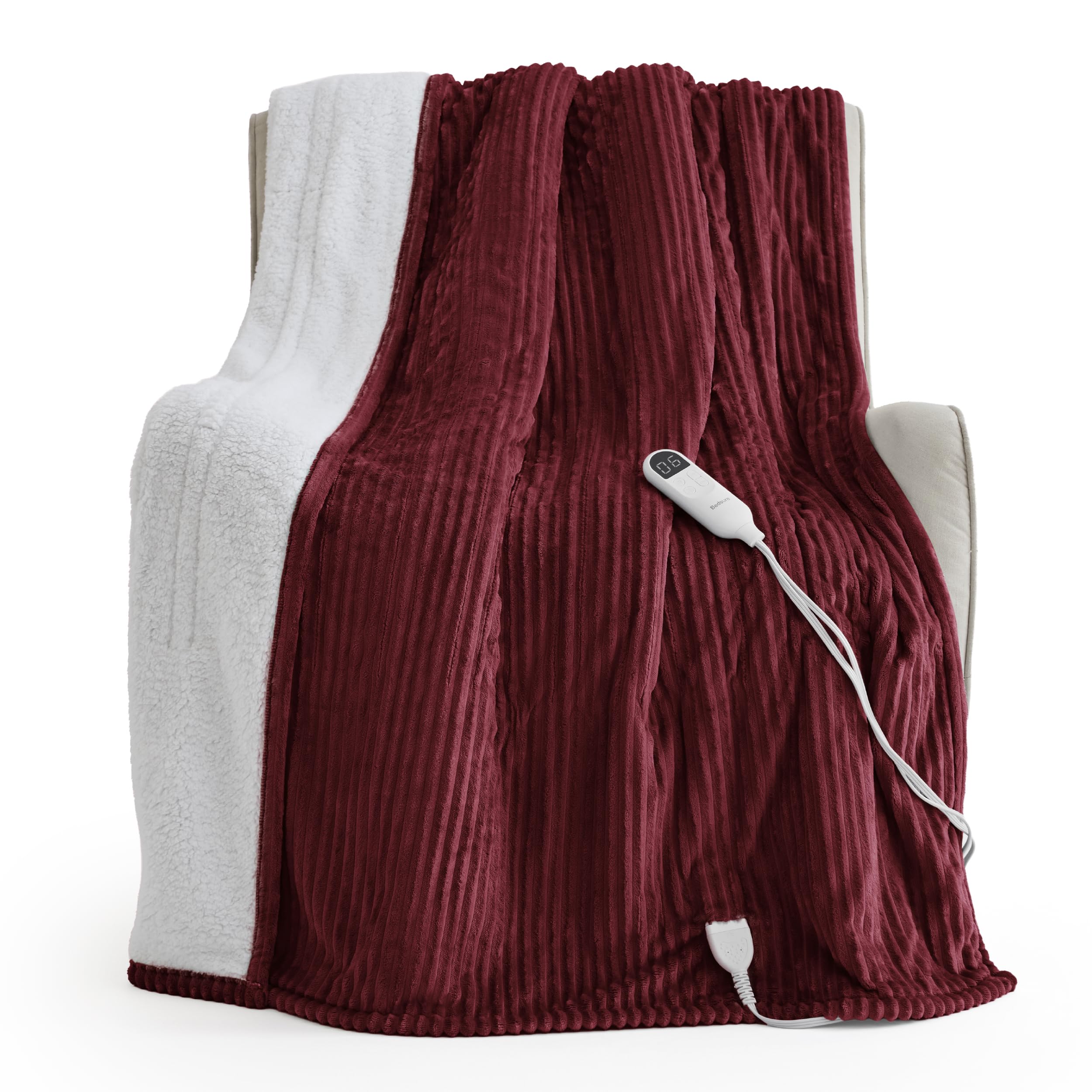 Bedsure Ribbed Heated Blanket Throw XL, Burgundy Electric Blanket, Preheat