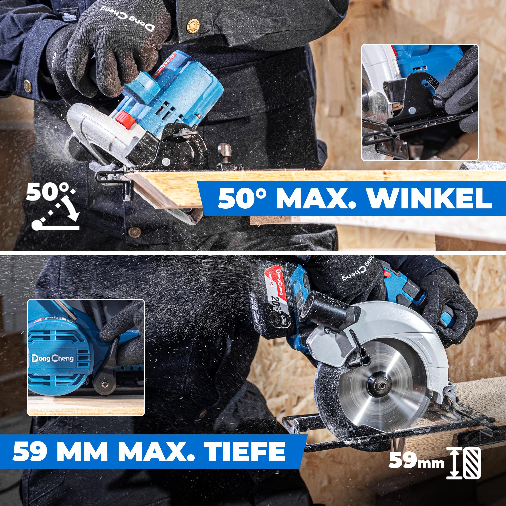 Dong Cheng 20V Akku Handkreissäge Ø165mm, 5000RPM, Schnitttiefe 59 mm, 0-50° (inkl. Ø165 x Ø20 mm Sägeblatt, Akku/Ladegerät, BOXX) DCMY165S