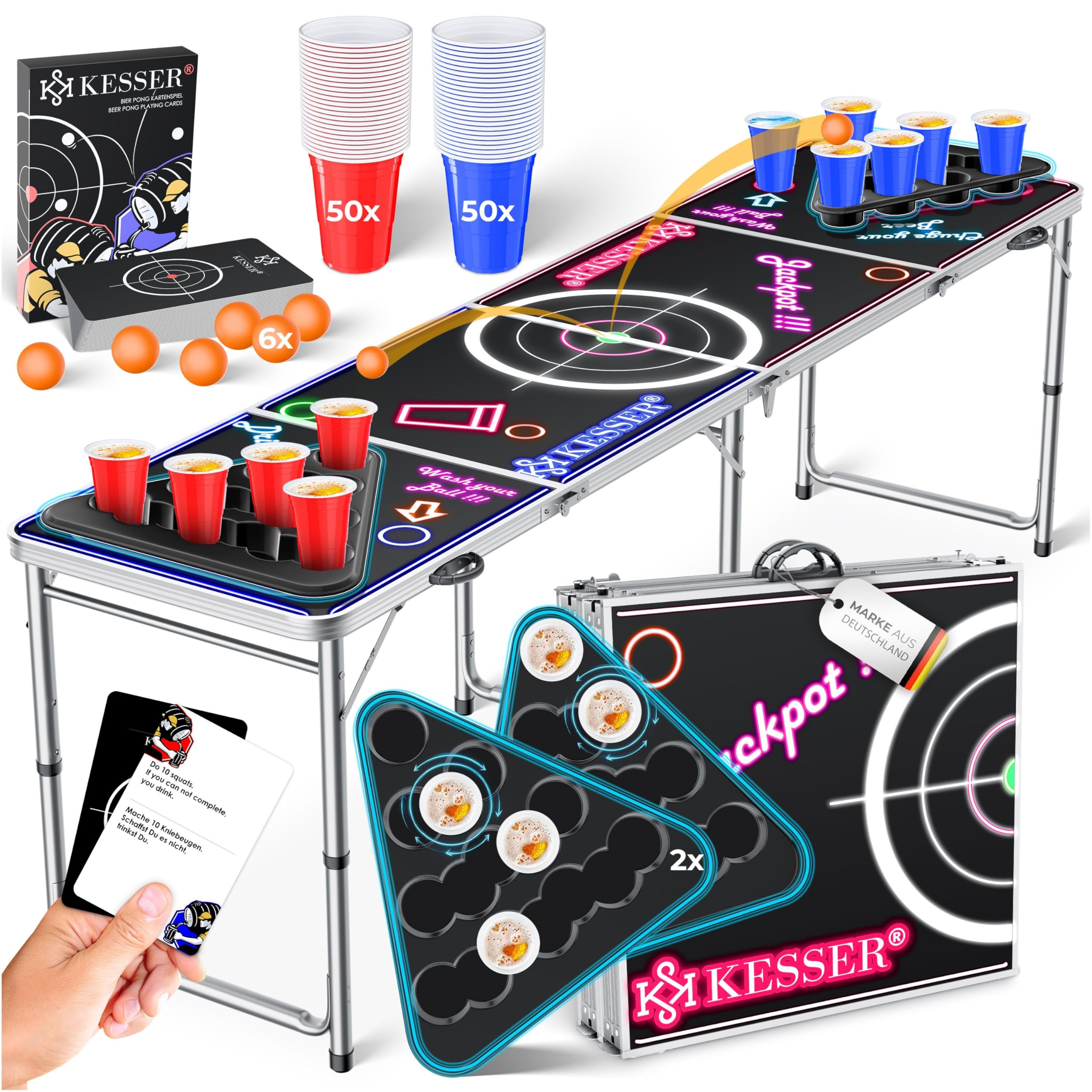 KESSER® Bier Pong Tisch Set mit Kartenspiel Trinkspiel LED-Action inkl. 100 Becher (50 Rot & 50 Blau), 6 Bälle + Regelwerk Partyspiele Table Höhenverstellbar Klappbarer Classic mit Led + Kartenspiel