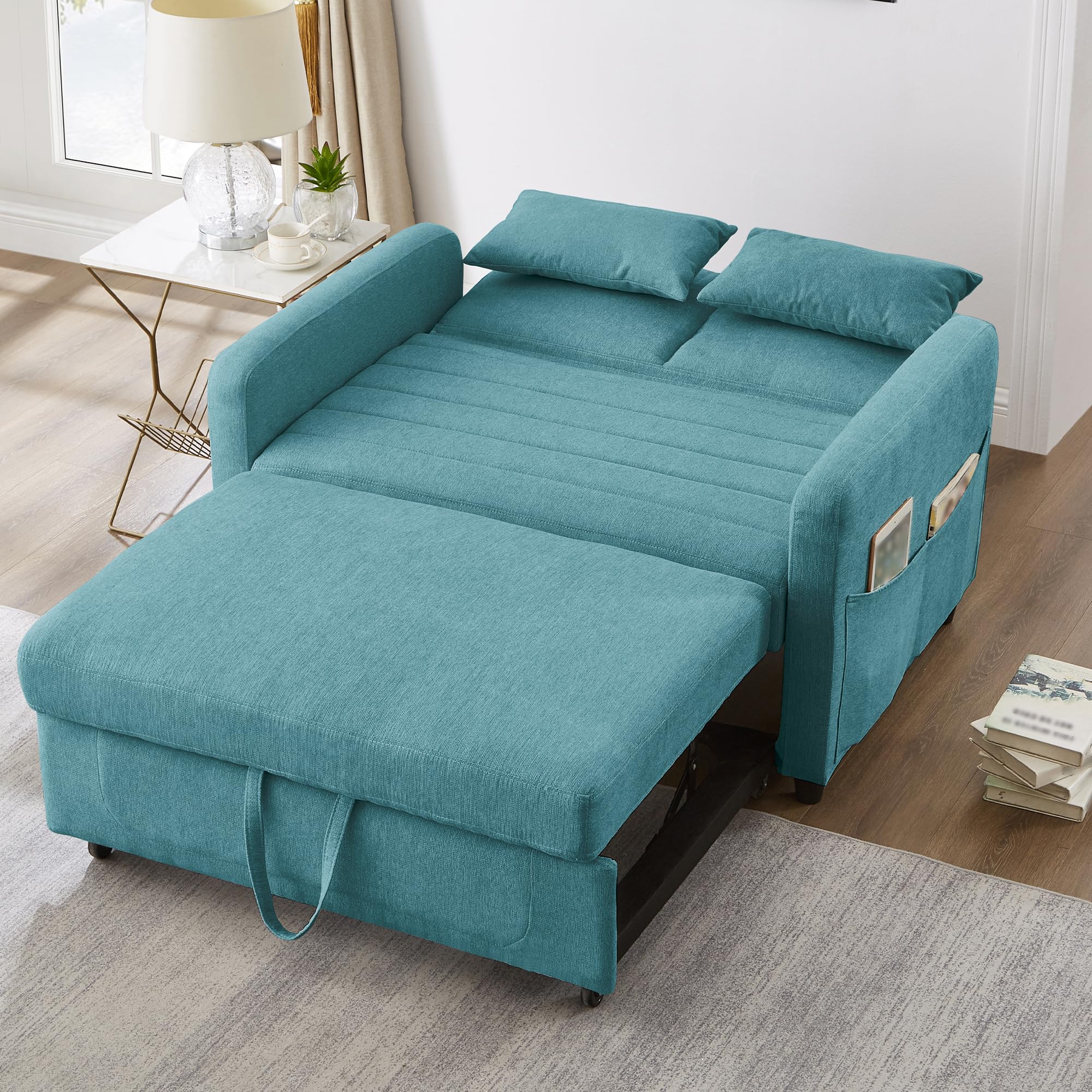 Divano letto con funzione letto Divano pieghevole a due posti, design estensibile, elegante e moderno, schienale regolabile a tre livelli, tessuto traspirante in cotone e lino (Antico Blu-verde)