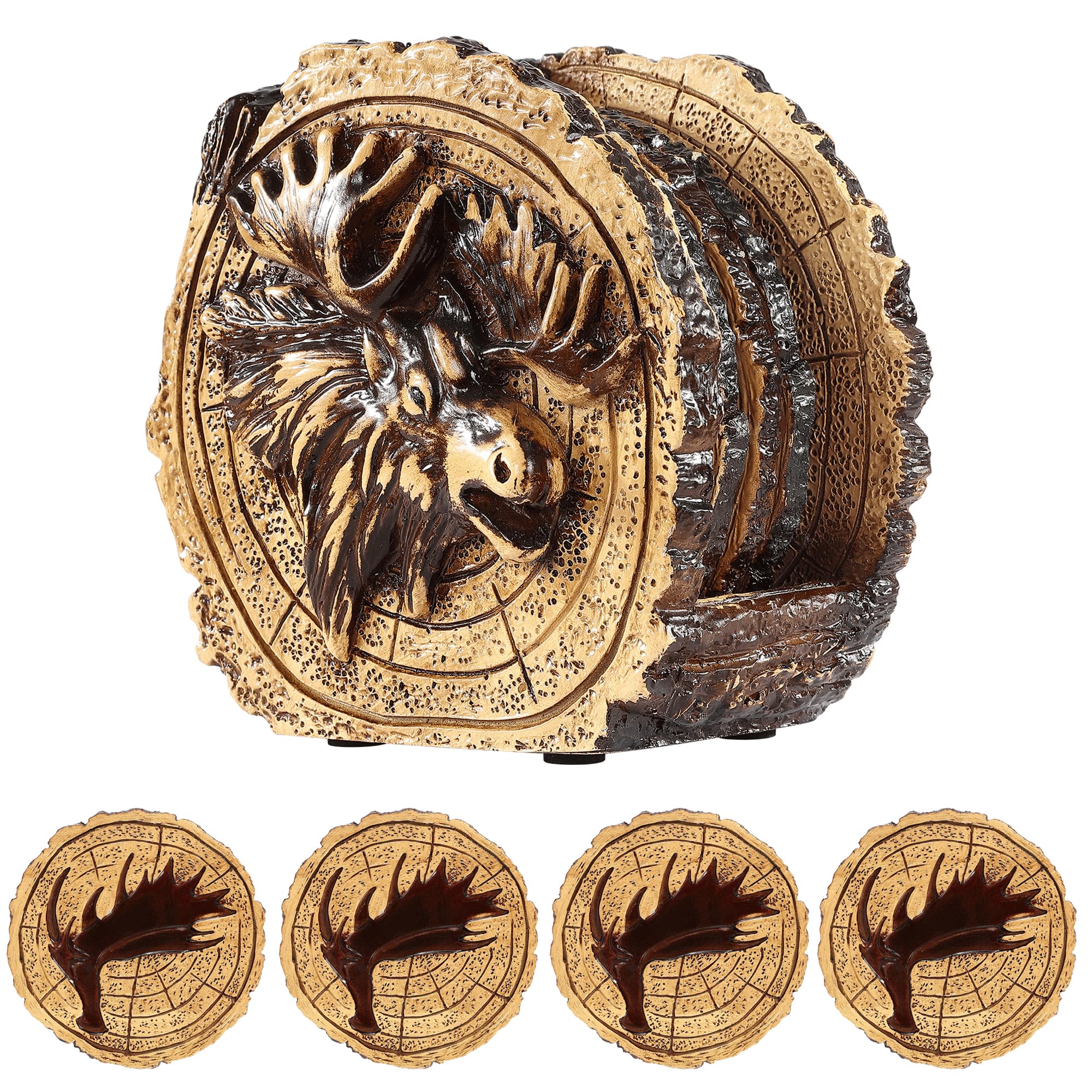 OLHAPZP Antler Deer Coasters with Holder, Rustic Coasters for Coffee Table Farmhouse Home Cabin Bar Decor, Set of 4 Western Coasters for Hot or Cold Drinkware Thickened, Non-Slip, Brown