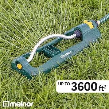 Melnor 65132AMZ Turbo Oscillating Sprinkler with Watering Gauge, Covers Up to 3,600 Sq. Ft., 18 Brass Nozzles, Adjustable Watering Range, Quick Connect Bundle, Green, Yellow