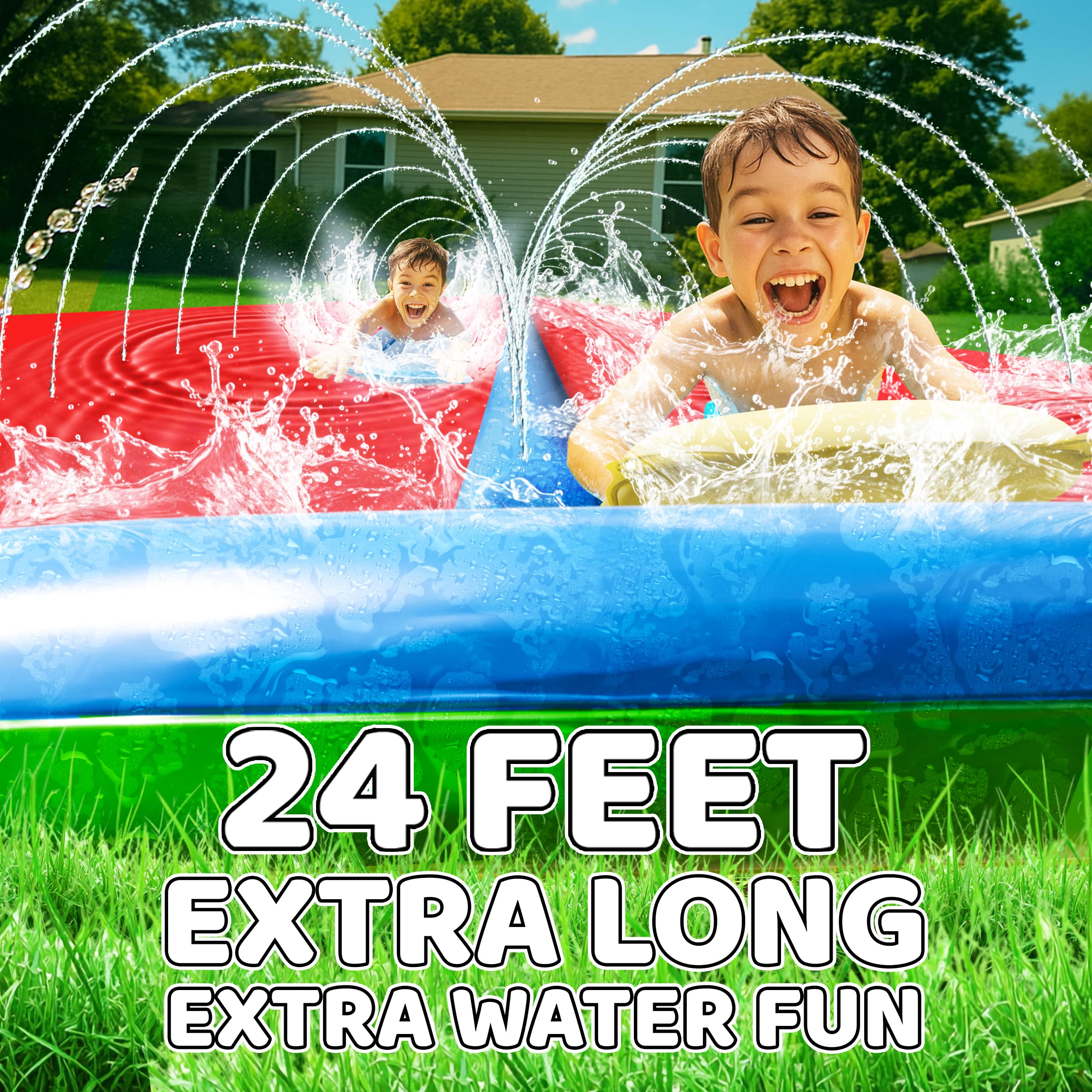 24 pies XL Slip Splash and Slide y 2 bodyboards, tobogán de agua de césped resistente, juguete de agua de verano con aspersor para patio trasero al aire libre diversión y juguetes para niños 2