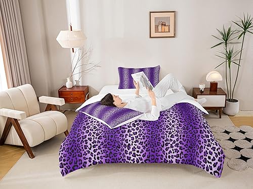 Juego de edredón con estampado de leopardo morado, tamaño King, juego de ropa de cama de piel de fauna silvestre de África, juego de edredón de 3