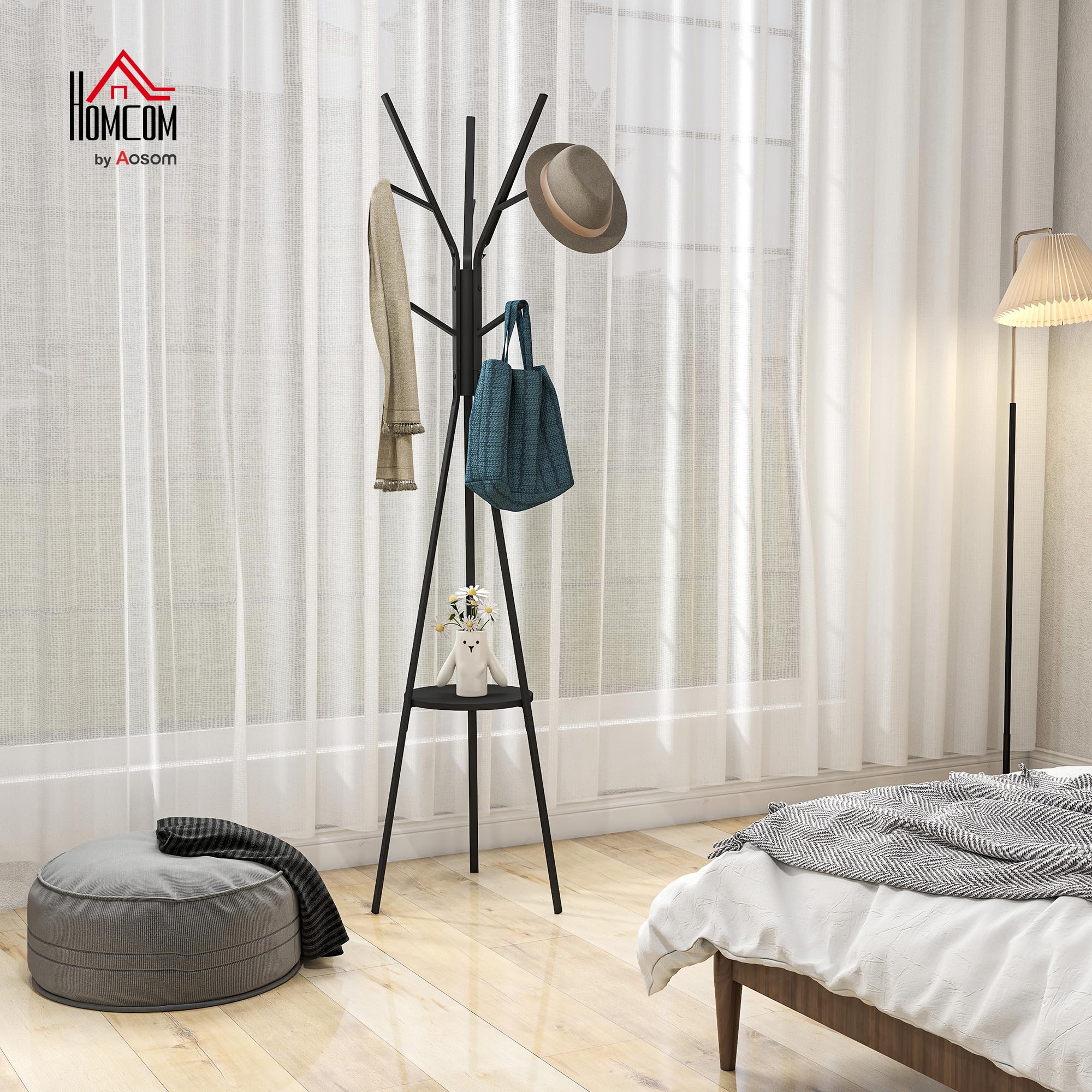 HOMCOM Garderobenständer Kleiderständer mit Ablage und 8 Haken Jackenständer Moderner Garderobe für Kleidung Hut Tasche, Wohnzimmer, Schwarz