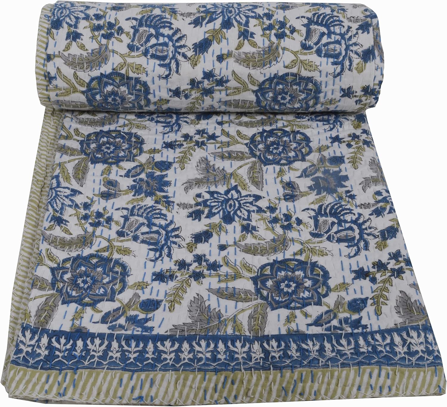 YUVANCRAFTS Indian Block Print Quilt Queen Kantha Quilts Kantha Throw Kantha Bedspread Blanket Cotton Bed Cover Vintage Quilt Boho Kantha Quilts Queen Size Quilt Blanket (Twin 90 X 60 Inch, White 3)