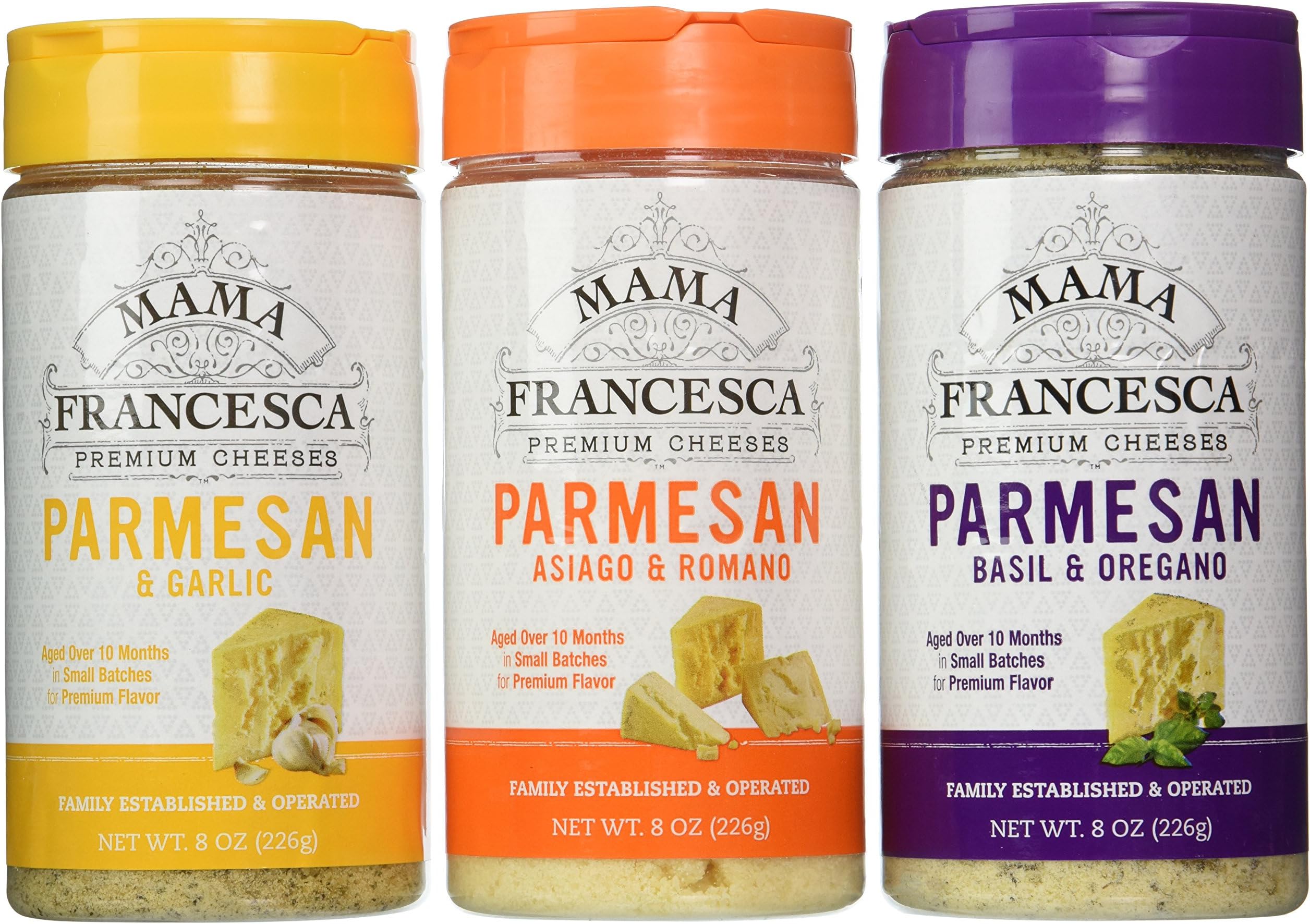 Mama Francesca Premium Grated Cheese Bundle 1ea. Asiago & Romano, Parmesan & Garlic, Basil & Oregano (Pack of 3) 8oz Ea.