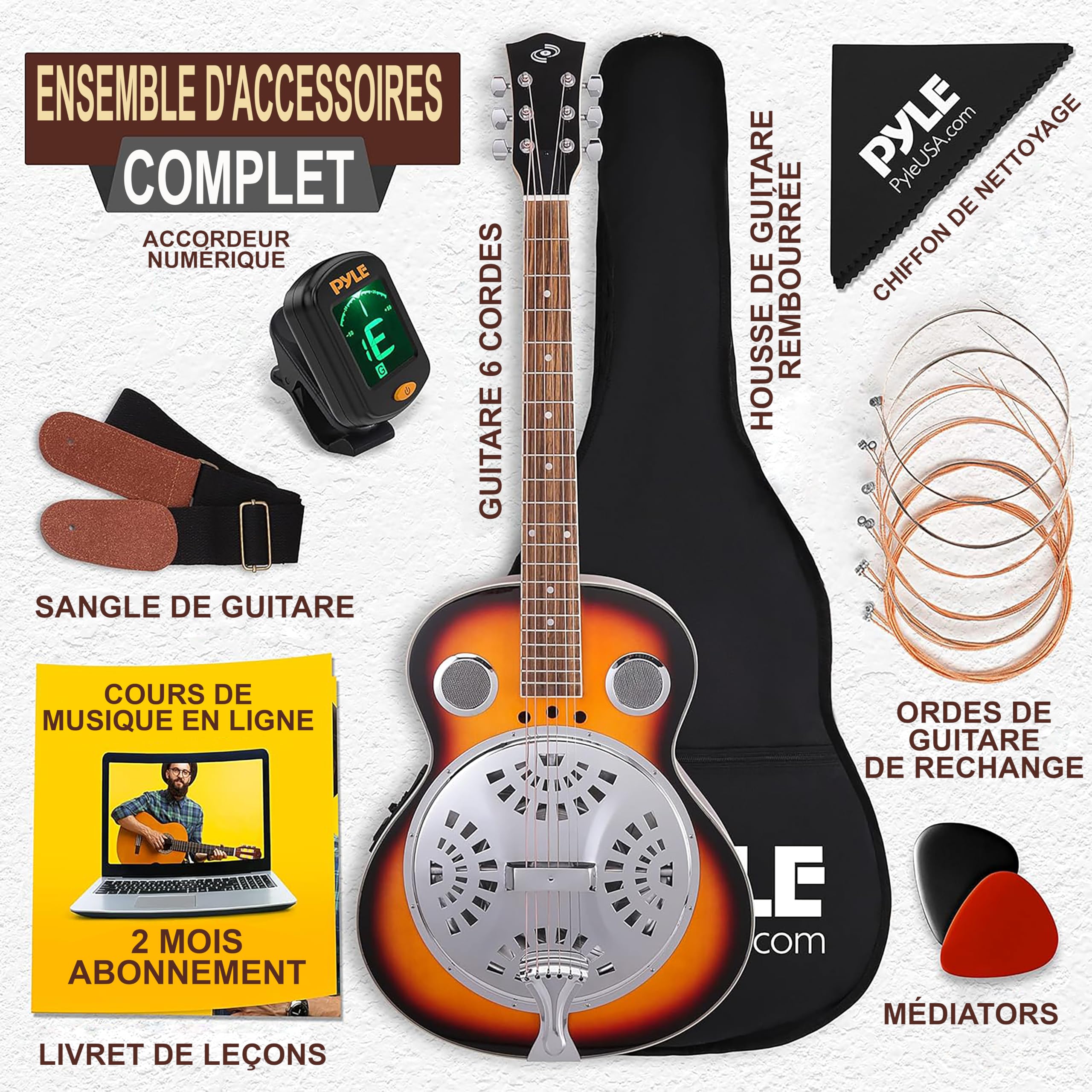 Pyle Guitare - Guitare Electro Acoustique Résophonique, Résonateur Traditionnel à Manche Rond Taille Réelle, Préamplificateur Intégré, Blanc