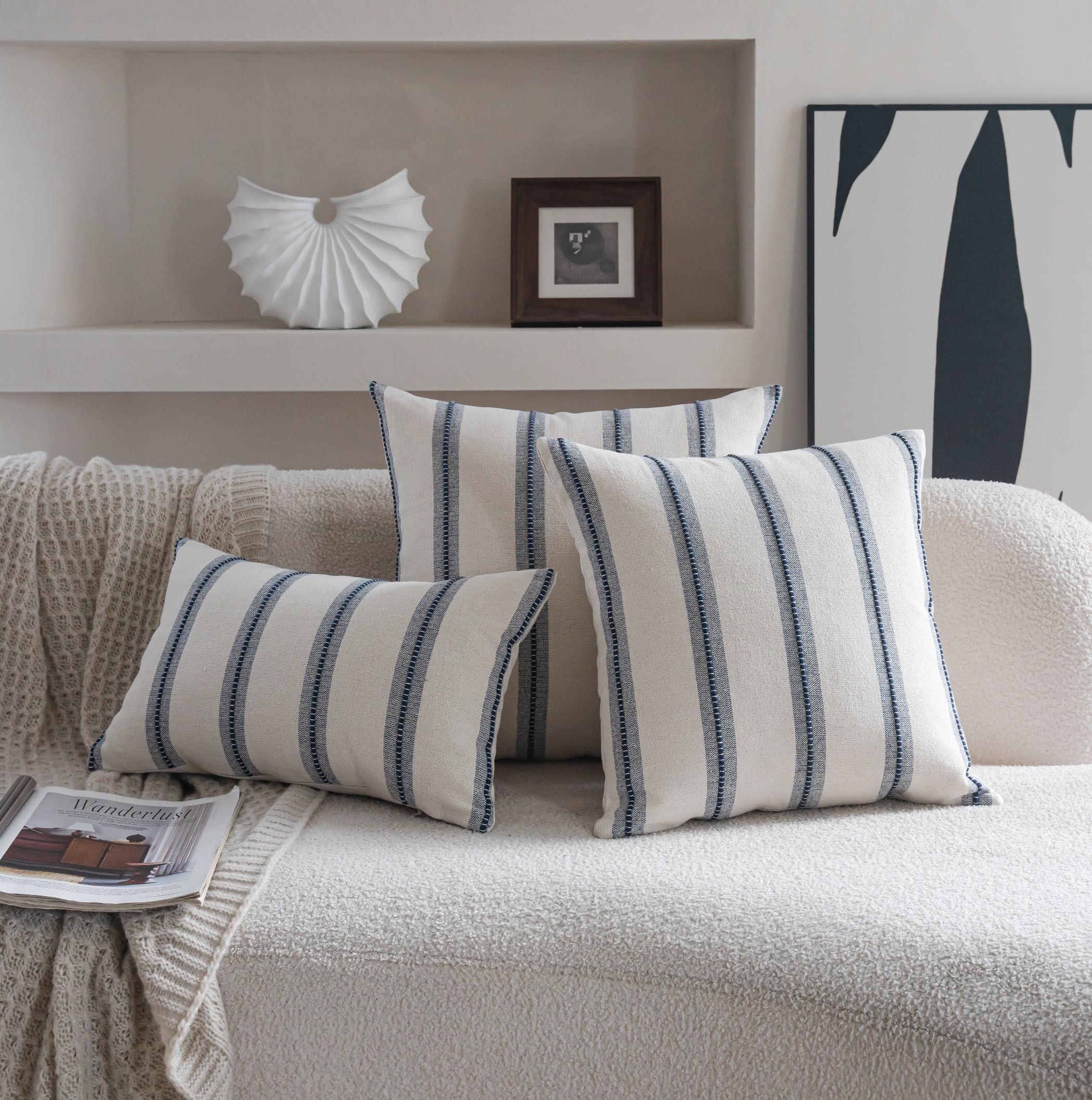 Cethom Set di 2 federe per cuscini in stile bohémien, 56 x 55 cm, colore blu navy a righe, per divano, sedia, letto, federe testurizzate per soggiorno