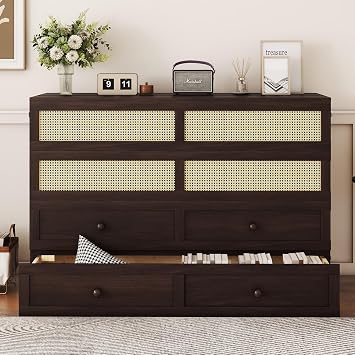 Vintage Queen Size Murphy Bed with Large Drawer and Rattan Decoration Panel, Solid Wood Cube Cabinet Bed for Guest Room Home Office Espresso/Drawer