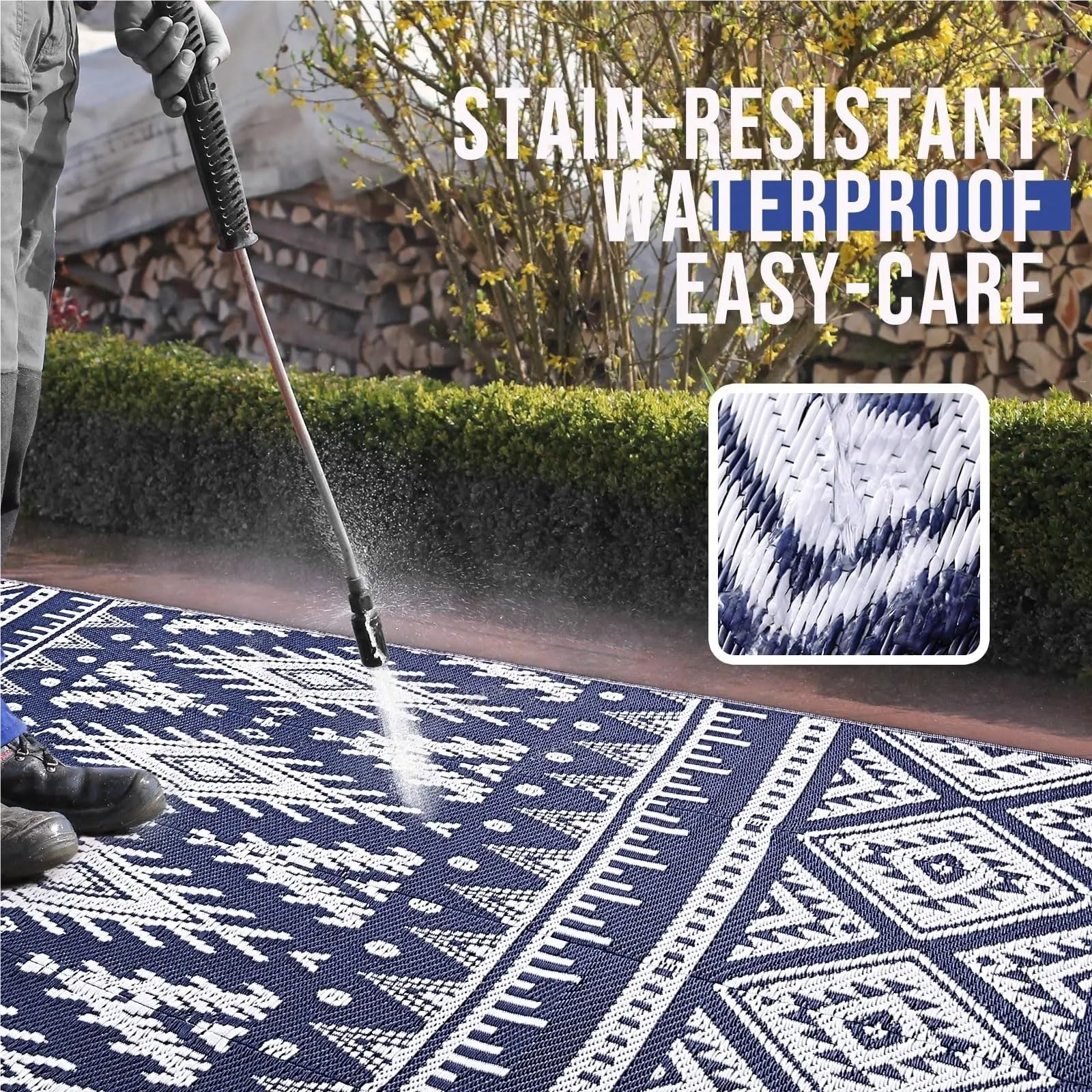 Dywan na zewnątrz, Dywaniki zewnętrzne na taras, kemping, piknik, balkon, do ogrodnictwa, kempingu(Blue White,5X8inch(150x240cm))