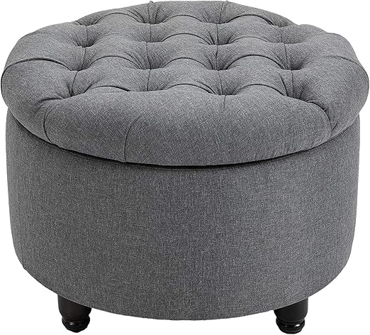 Round Linen-Touch Fabric Storage Footstool Ottoman Button Tufted Footrest with Removable Lid