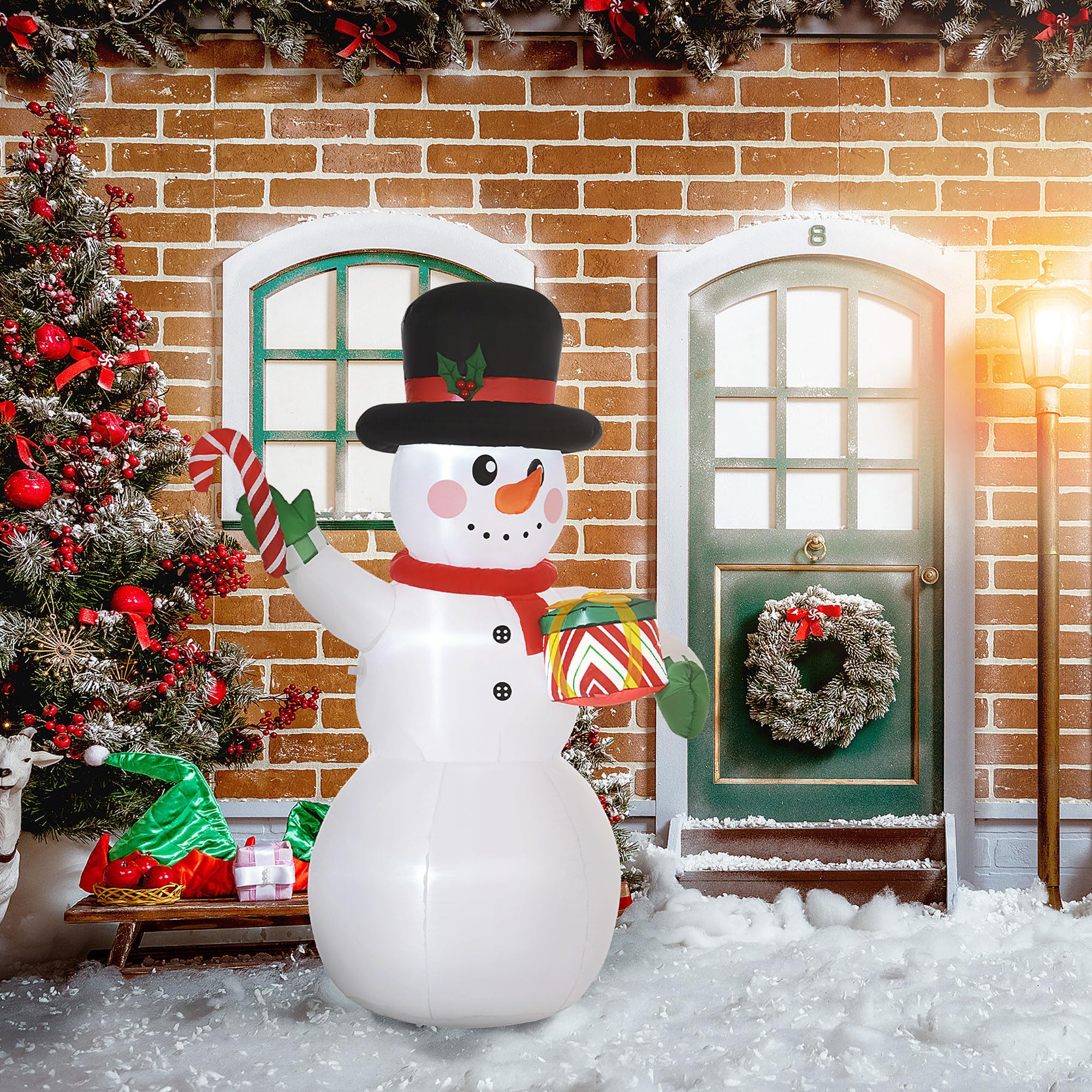 Outsunny Aufblasbarer Schneemann mit Zuckerstange 180 cm mit LED-Leuchte | Geschenkbox, Aufblasbare Weihnachtsdeko, Gebläse, Weihnachtsfigur, Outdoor, Garten, Party